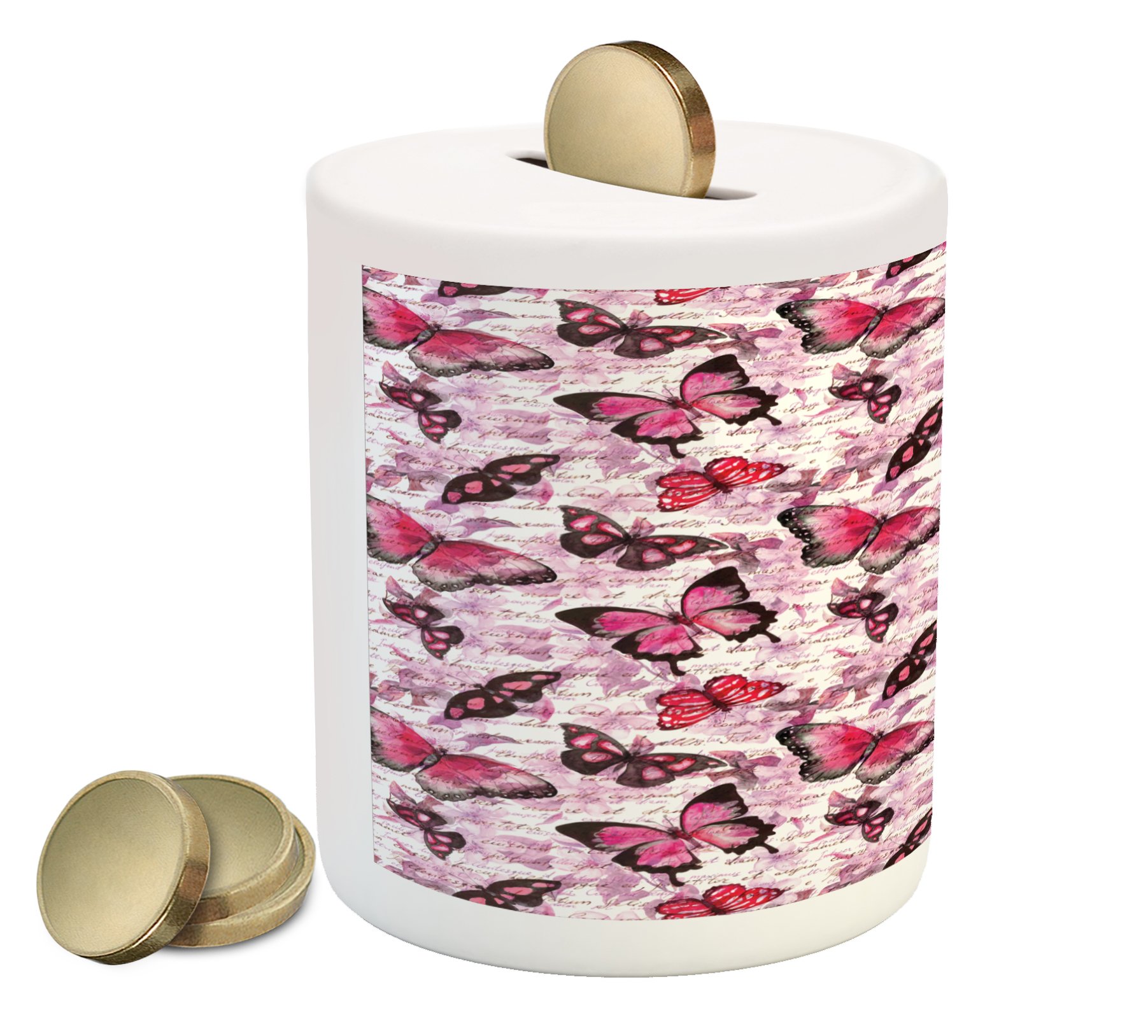 Ambesonne Retro Ceramic Piggy Bank with Butterflies & Classic Paintbrush Design - Nostalgic Money Box for Cash Saving (3.6