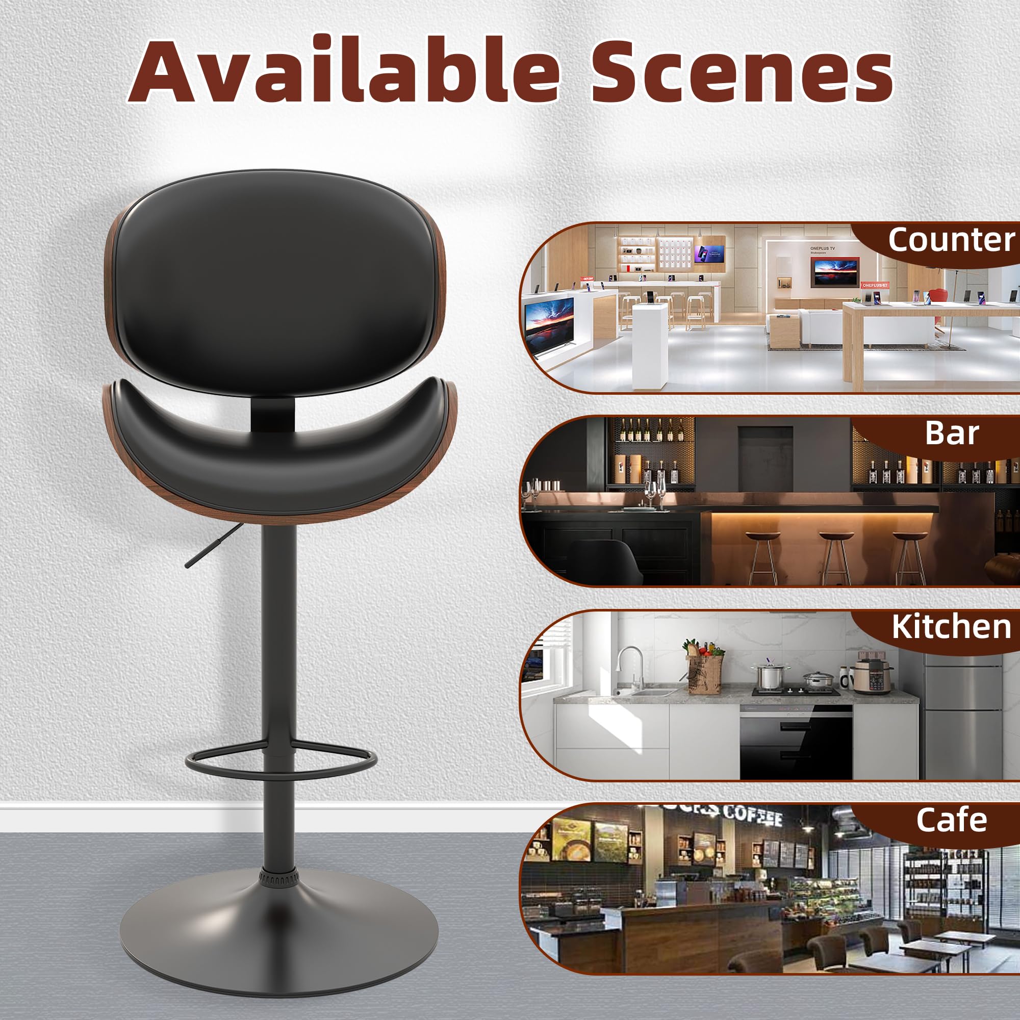 Civama 4-Piece Adjustable Swivel Bar Stool Set - Modern Kitchen Counter Height Stools with Bentwood Seat, Backrest & Footrest - PU Leather Bar Chairs for Kitchen Island, Dining Room, Restaurant & Home Bar Use