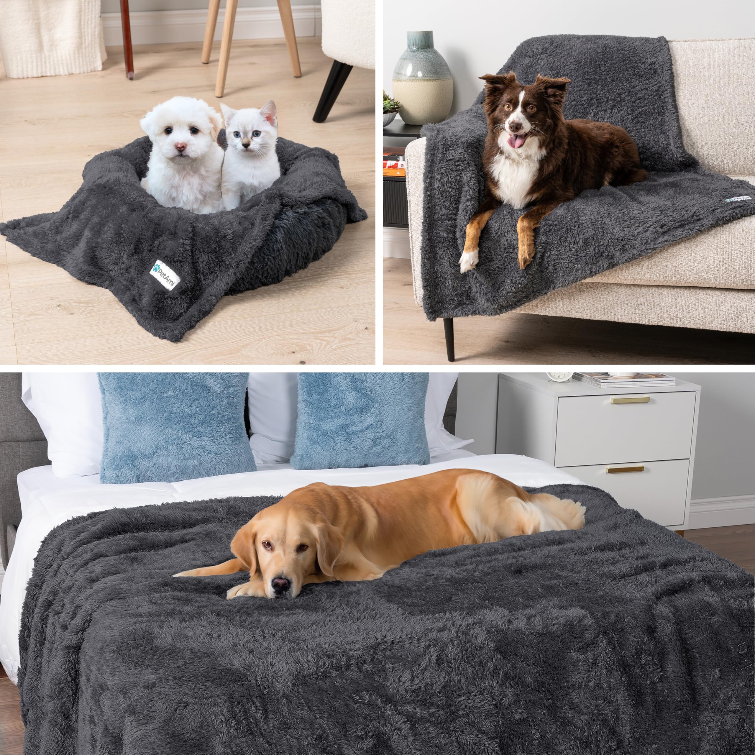 PetAmi Waterproof Dog Blanket - Soft Fleece Throw for Large Dogs & Cats | Cozy Sherpa Sofa Protector for Home & Travel (Grey, 60x80)