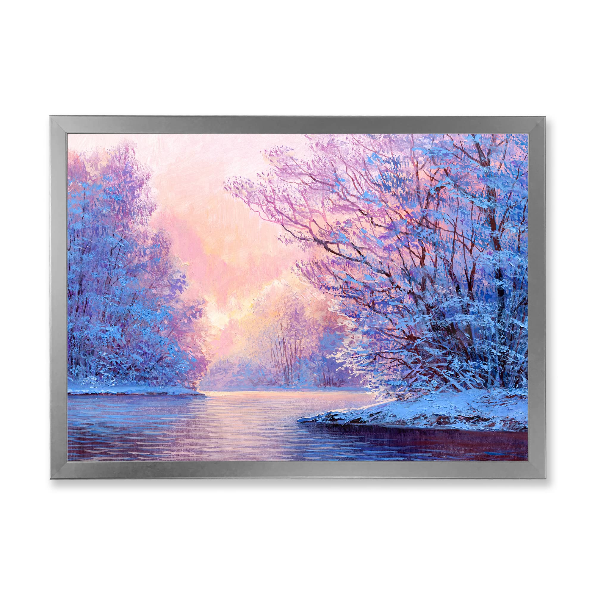 Winter Landscape With The River - Original Lake House Framed Wall Art Painting for Living Room, Bedroom & Office Decor