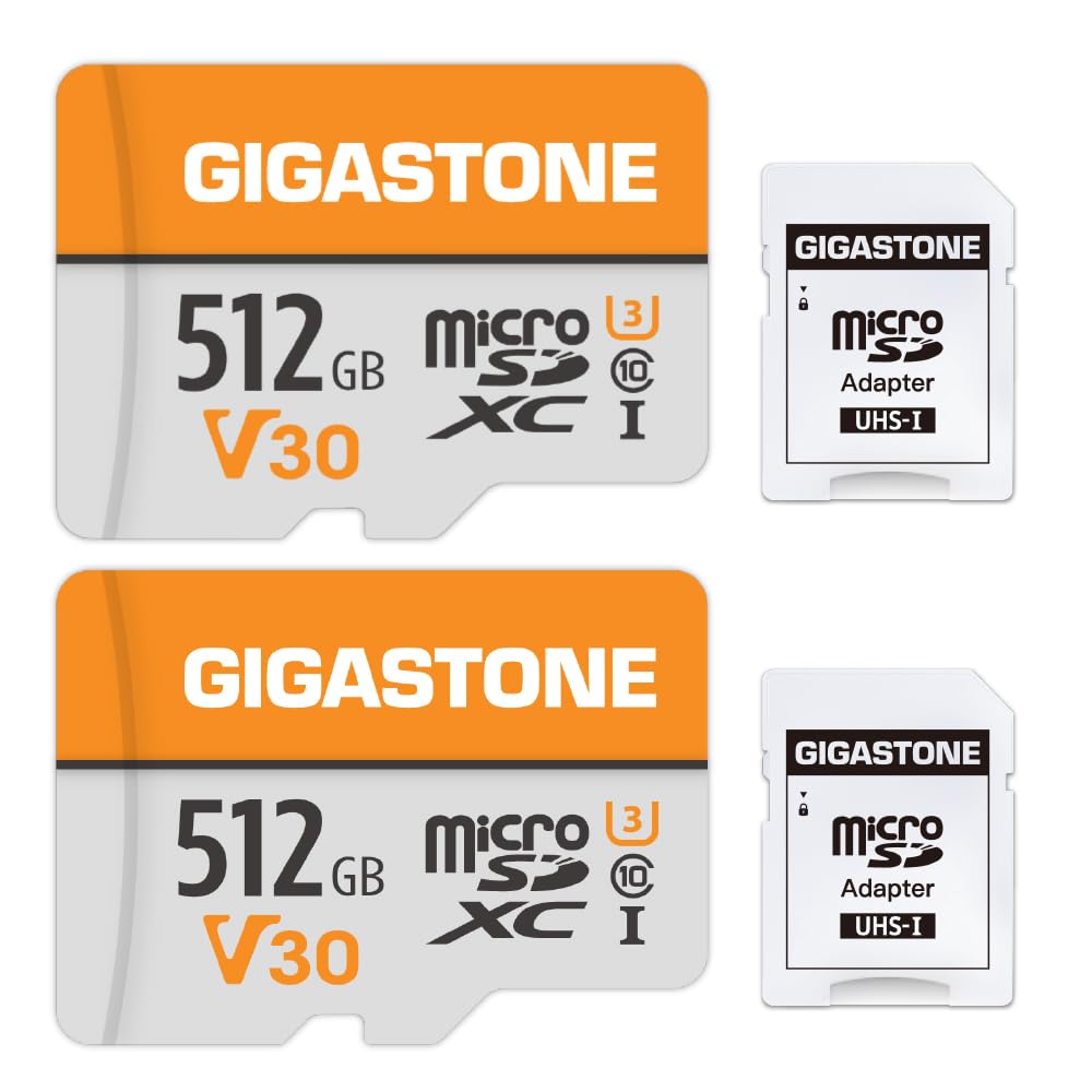 GIGASTONE 512GB Micro SD Card 2-Pack - UHS-I V30 Class 10, 100MB/s Read Speed - Compatible with 4K Video, GoPro, Action Cameras, Drones & Security Cameras - Perfect for Outdoor Adventures, Home Surveillance & High-Performance Recording