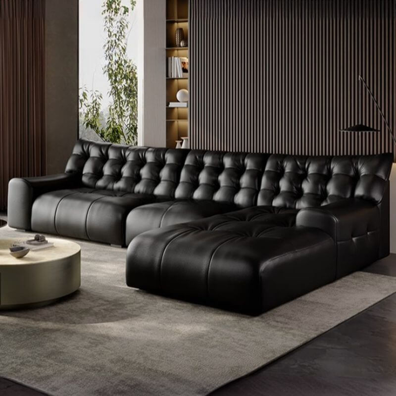 Black L-Shape Sofa Chaise with Tufted Back & Button Details - Modern Living Room Furniture for Small Spaces & Apartments