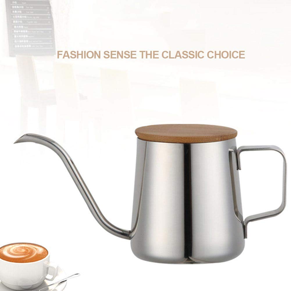 Premium 12oz/350ml Stainless Steel Gooseneck Pour Over Coffee Kettle - Long Narrow Spout for Precise Pouring - Wooden Lid - Perfect for Specialty Coffee Brewing & Tea Making at Home or Cafe