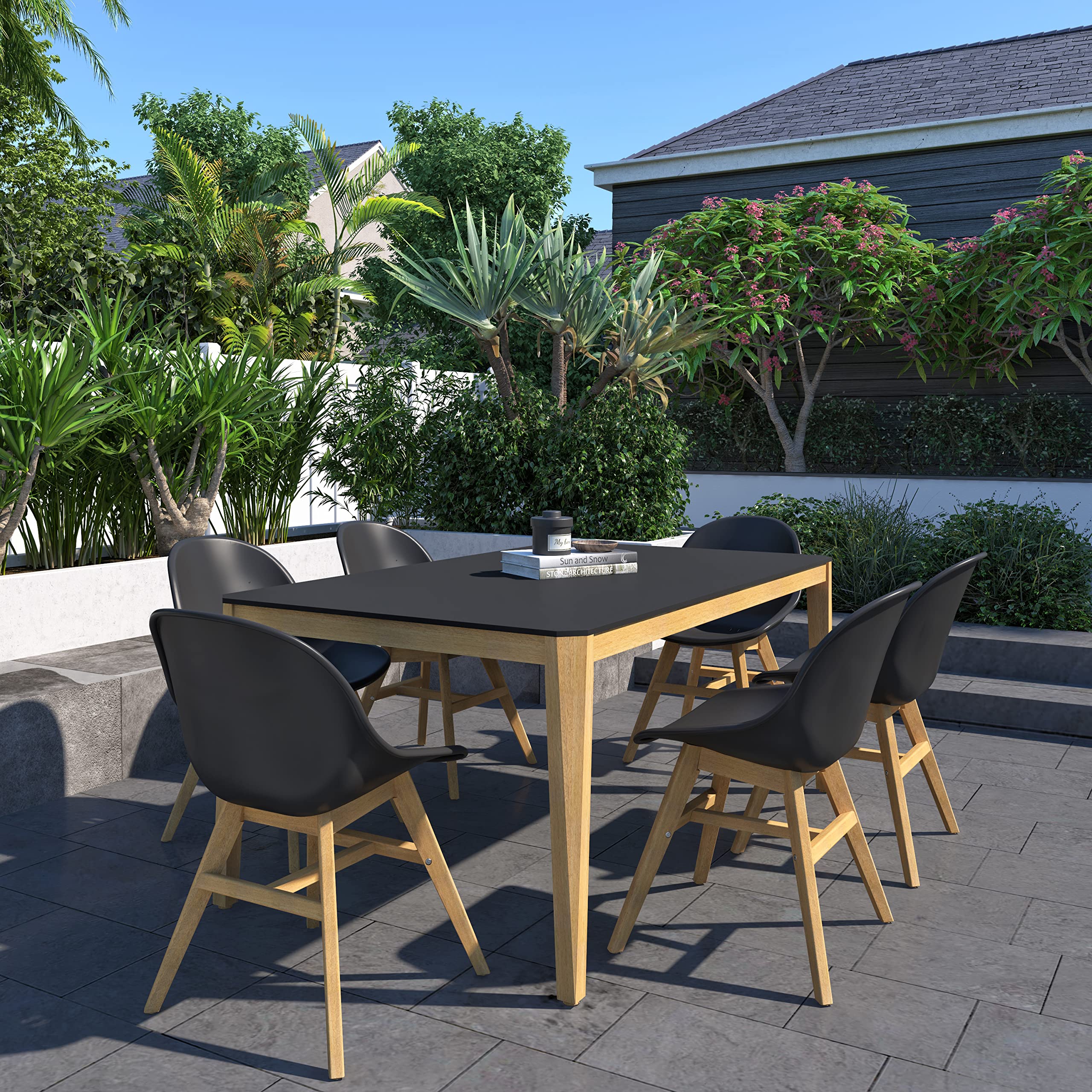 Urban Elements Eugène 7-Piece Outdoor Dining Set - FSC Certified Eucalyptus Wood Patio Furniture with Teak Finish - Black Rectangular Table & Side Chairs for Backyard, Garden, Poolside or Terrace Dining