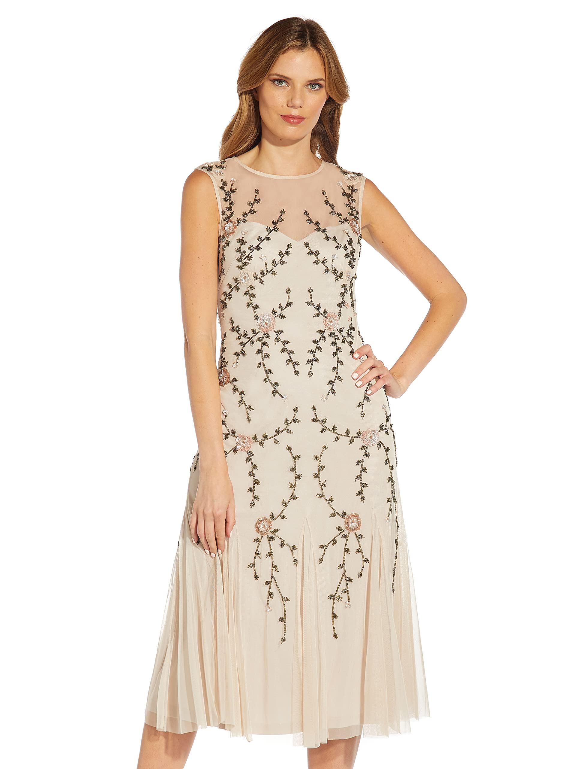 Adrianna Papell Women's Beaded Tea Length Dress for Wedding Guest, Cocktail Party & Special Occasions - Elegant Floral Embroidery A-Line Gown