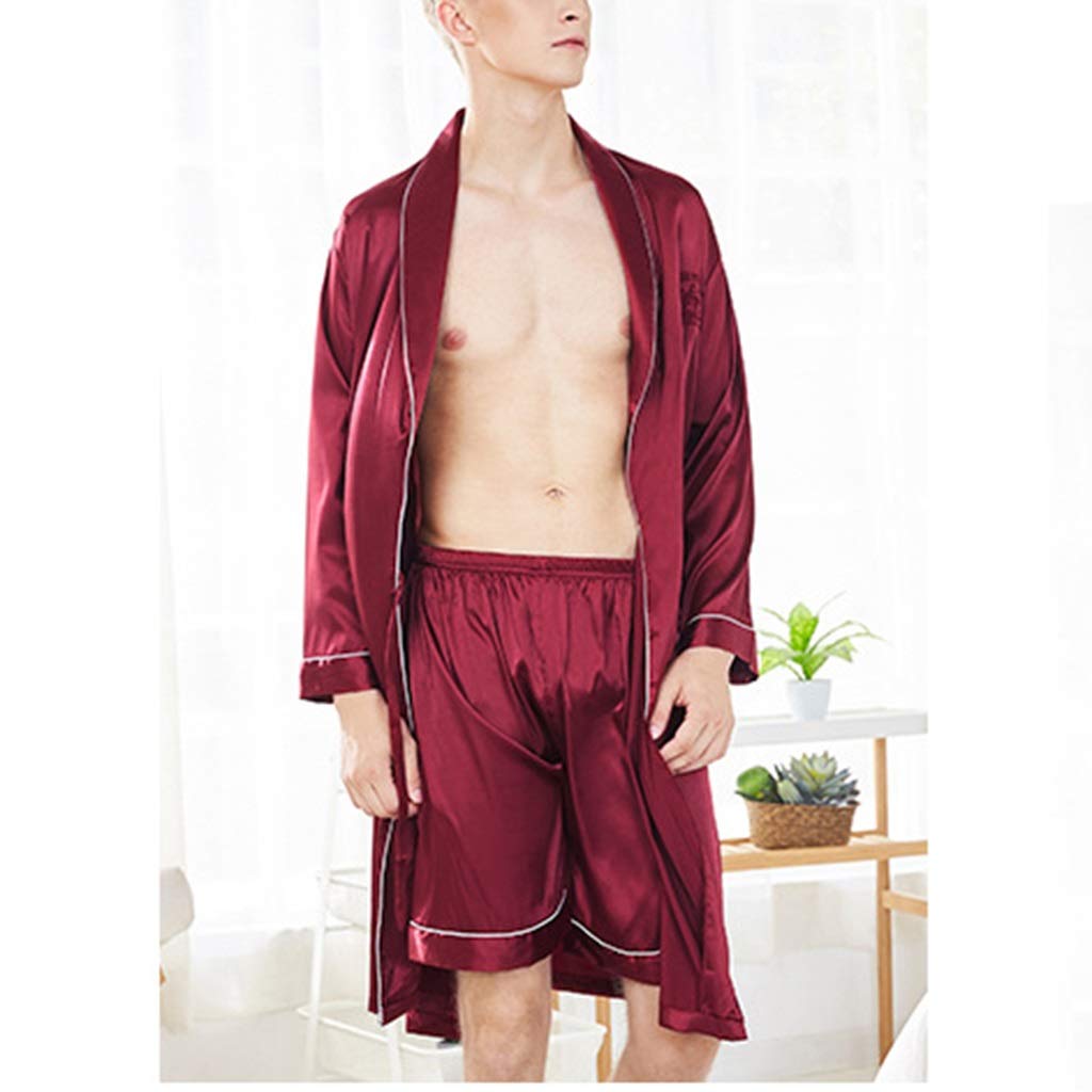Luxury Men's Kimono Robe with Shorts - Lightweight Satin Bathrobe for Summer & Lounge Wear - Red Large Size - Perfect for Spa, Beach Cover-Up & Home Relaxation