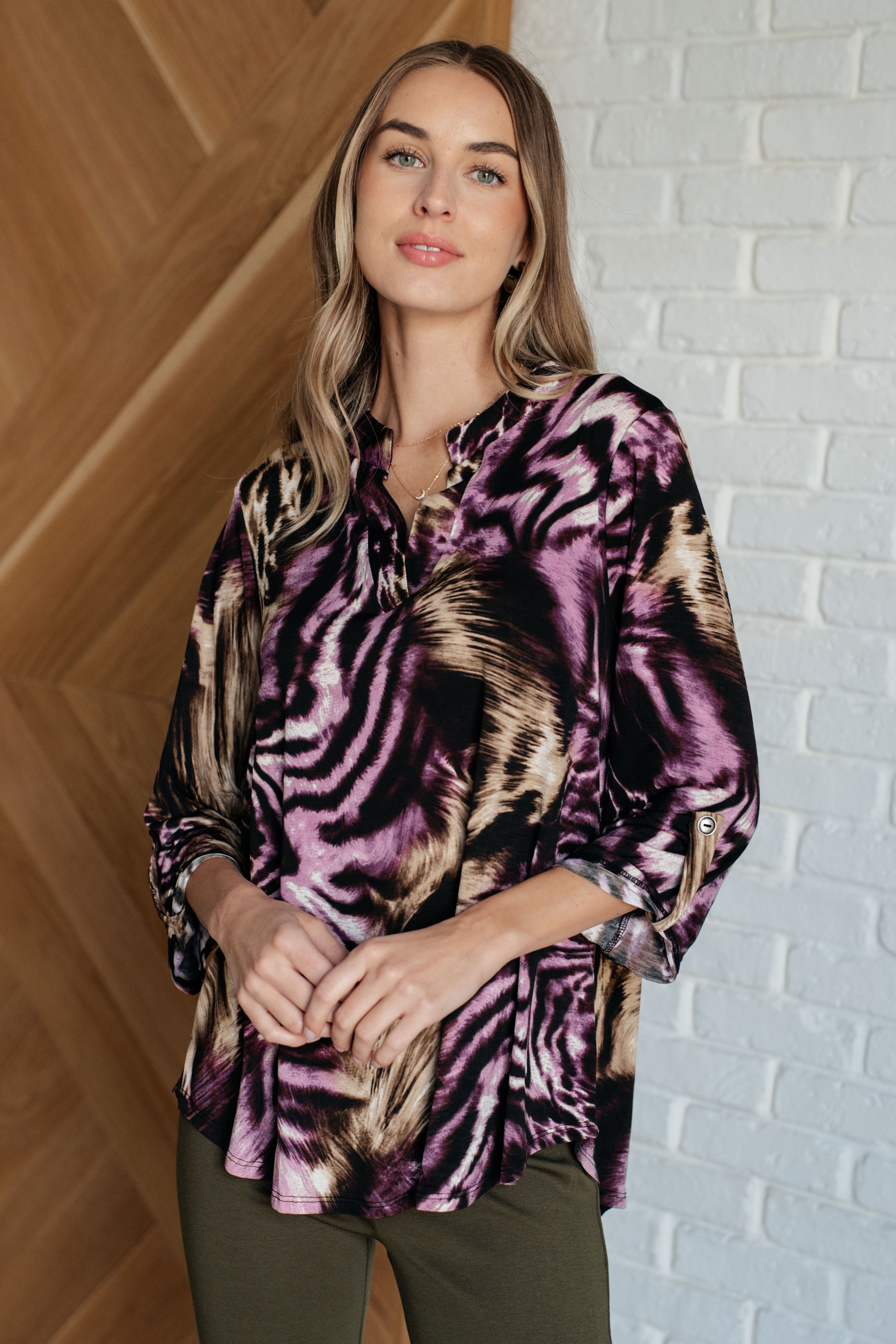 Lizzy Top - Stylish Purple & Taupe Animal Print Blouse for Women | Trendy Casual & Night Out Outfits