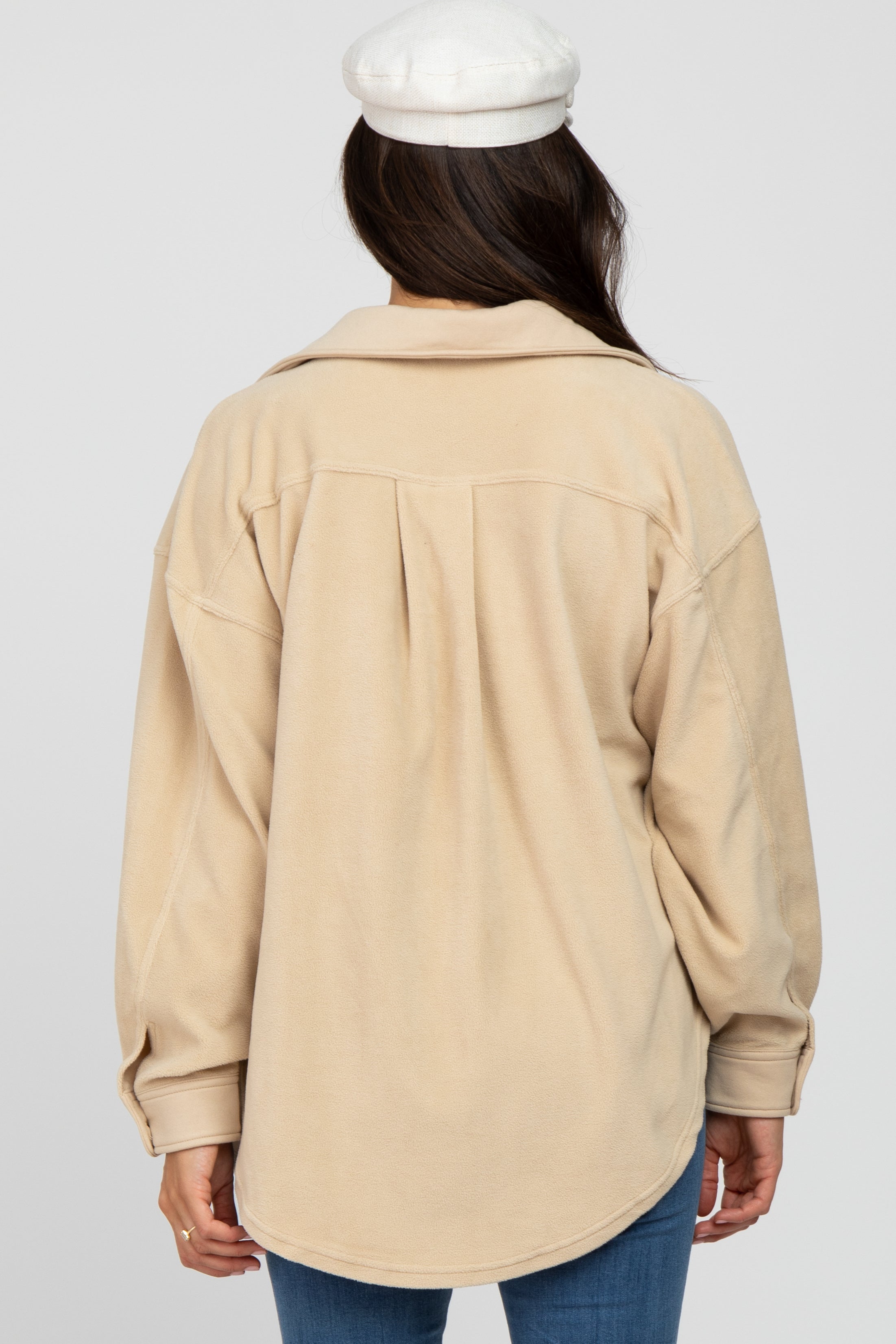 Cozy Beige Fleece Oversized Button Down Jacket for Women - Soft & Warm Winter Outerwear for Casual Outings & Layering