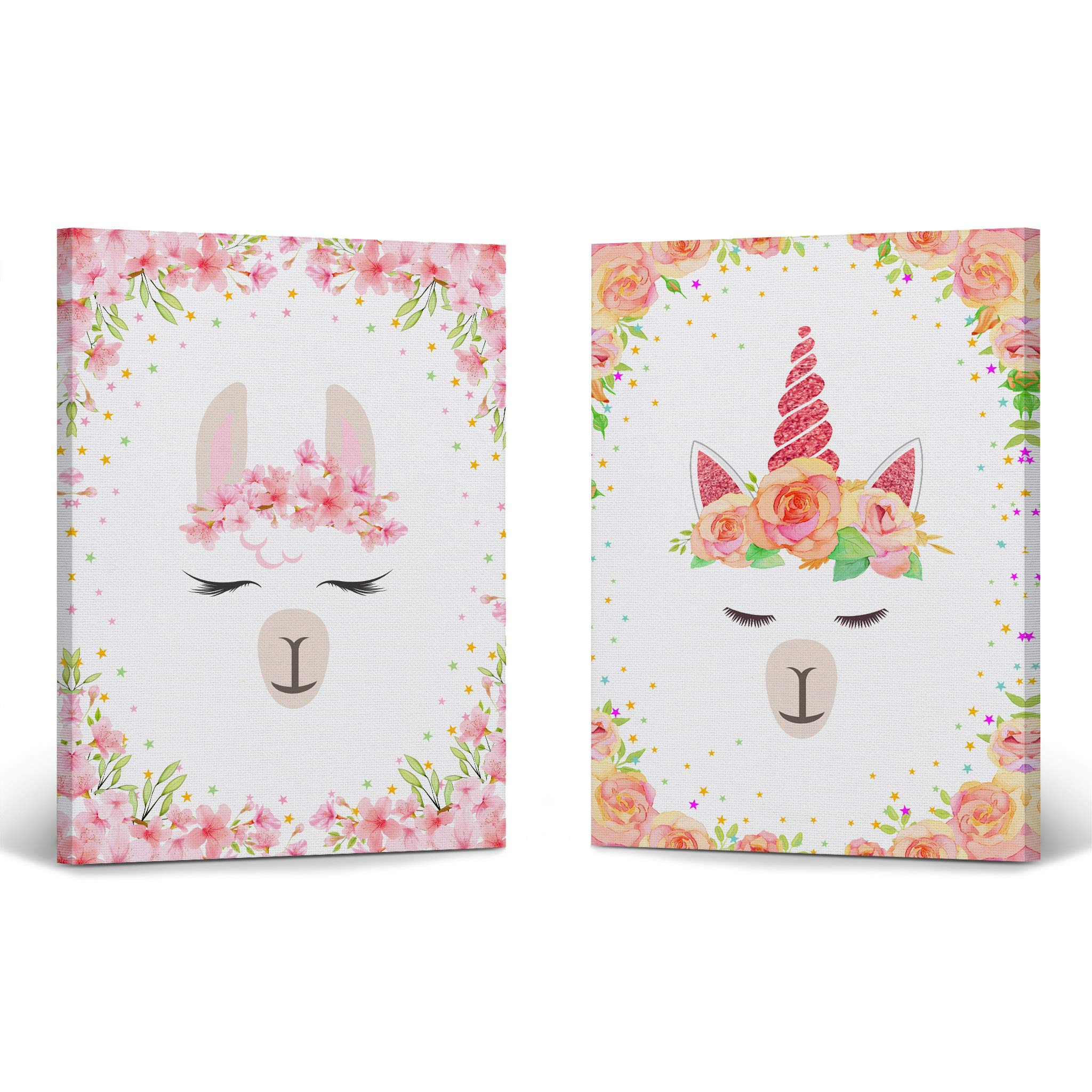 Cute Llama and Unicorn Wall Art - 2 Panel Canvas Print Set (40x30 inches) Floral Nursery Decor, Kids Room Decor, Baby Room Wall Art - Made in USA | Perfect for Nursery, Bedroom, Playroom & Gift Giving