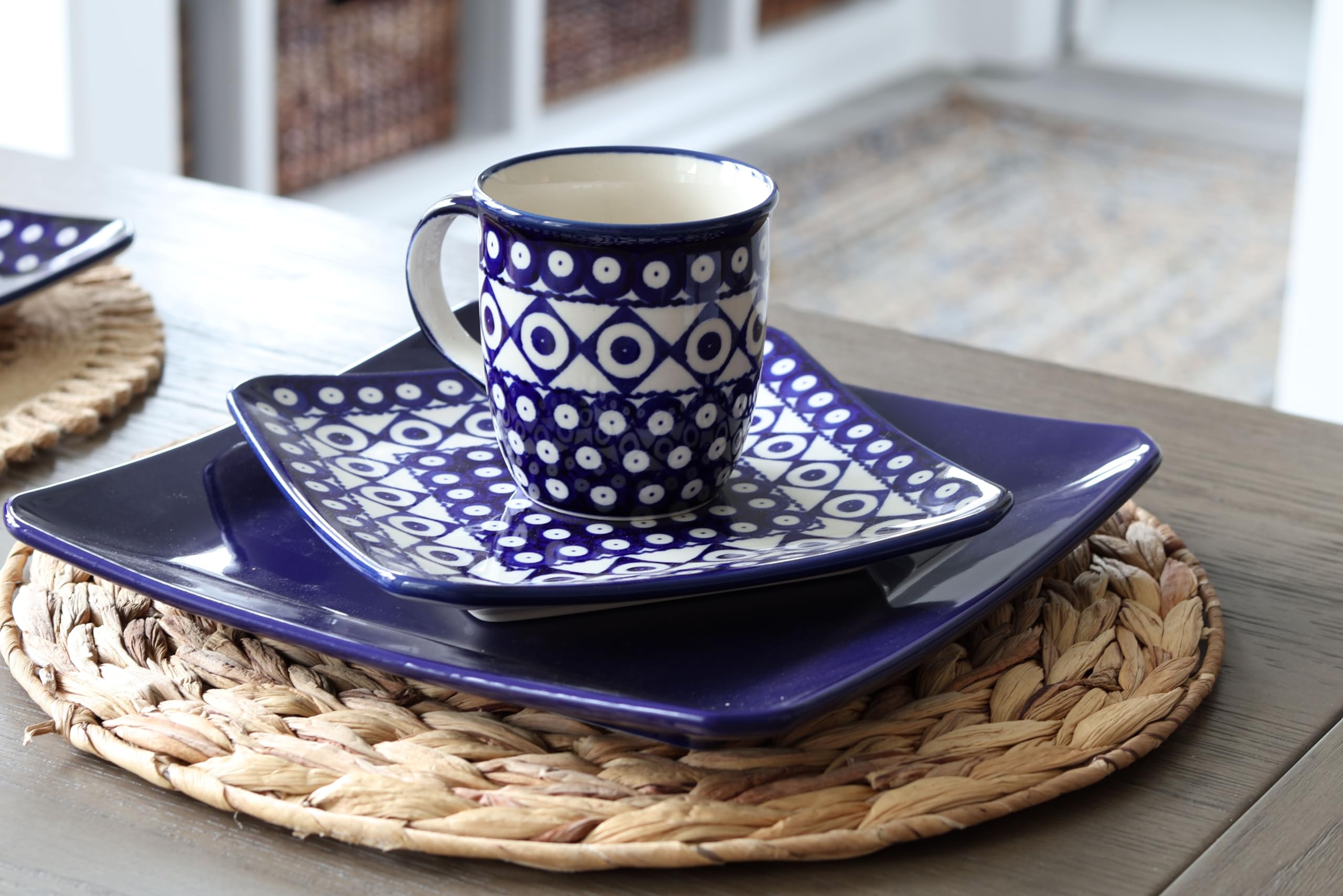 Handmade Blue Rose Polish Pottery Xandra Square Dessert Plate - Elegant Ceramic Appetizer Dish for Afternoon Tea, Wedding Favors & Home Decor