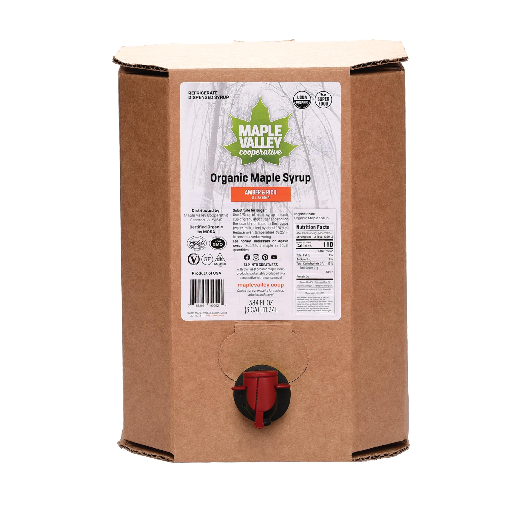 Organic Pure Maple Syrup - Amber & Light Grade | All-Natural Pancake Topping, Coffee Sweetener & Sugar Substitute for Baking | 3 Gallon Bag-in-Box | Perfect for Breakfast, Desserts & Healthy Recipes