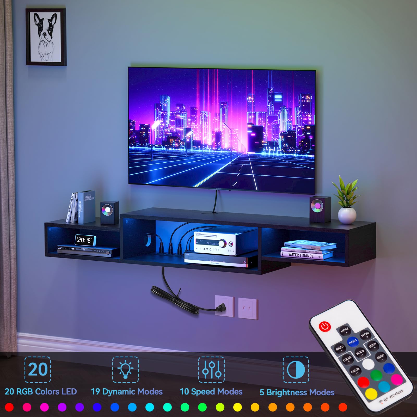 FABATO 59-Inch Floating TV Stand with LED Lights & Power Outlet, Wall Mounted Entertainment Center with Storage Shelf - Modern Media Console for Living Room, Bedroom & Home Theater (Black)