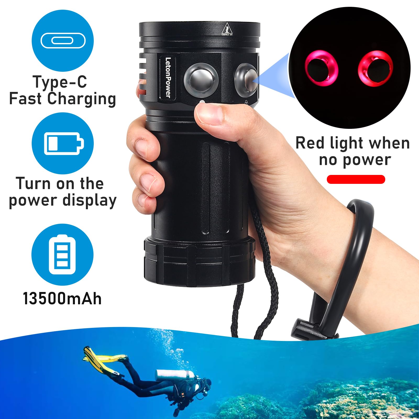 8000 Lumens Professional Diving Flashlight L12 - 100m Waterproof Scuba Light with Type-C Charging - Perfect for Underwater Photography, Cave Diving & Night Snorkeling
