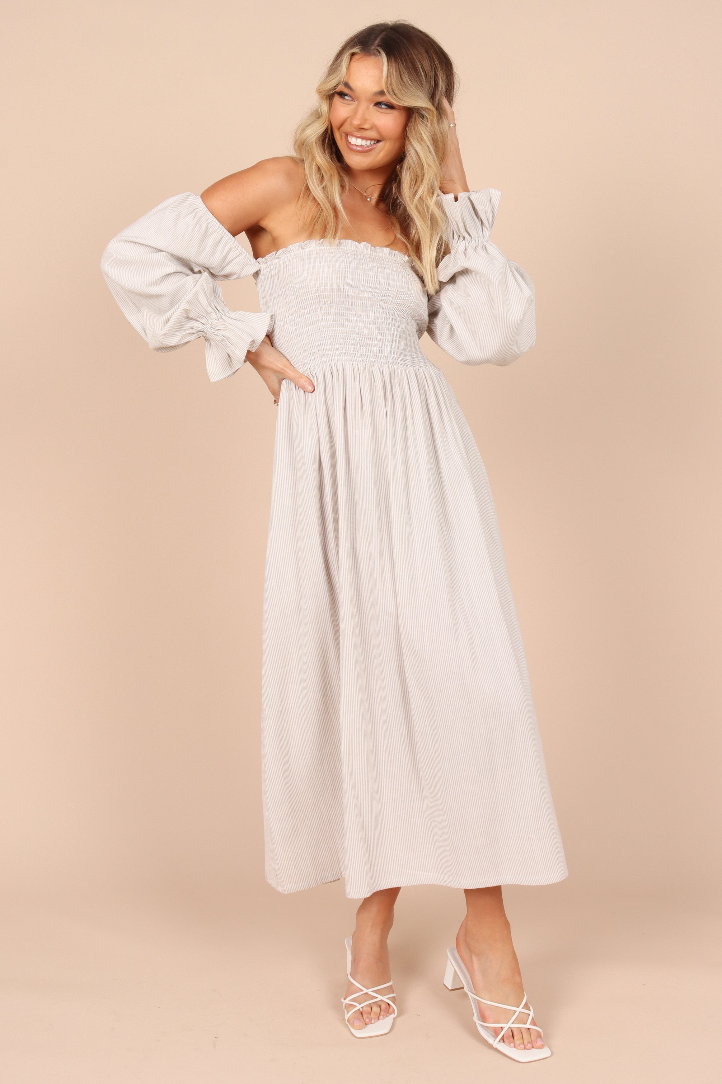 Stylish Domenica Shirred Long Sleeve Midi Dress in Beige Stripe - Perfect for Casual Outings, Office Wear & Special Occasions