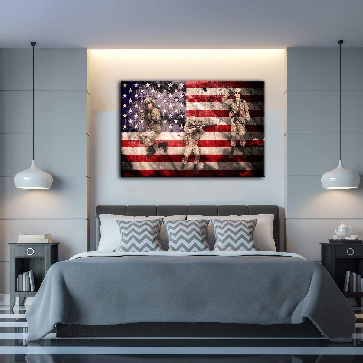 American Flag Wall Art - Patriotic Military Canvas Print of US Army Troops, Framed & Ready to Hang - Perfect for Home, Office & Military Themed Decor