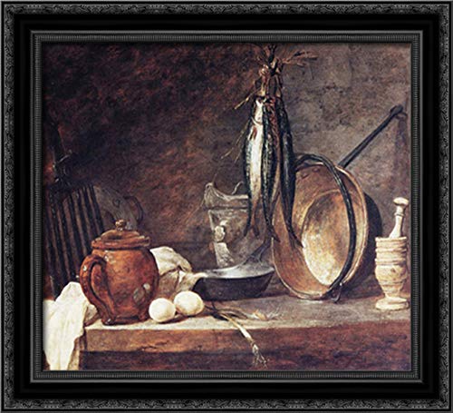 22x20 Black Ornate Wood Framed Canvas Art - The Fast Day Meal by Jean Baptiste Simeon Chardin | Classic French Still Life Painting for Dining Room, Living Room & Office Decor