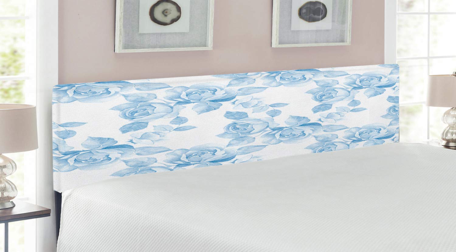 Ambesonne Rose Upholstered King Size Headboard - Faded Floral Dreamy Branch Pastel Spring Design, Decorative Metal Bed Frame with Memory Foam in Soft Blue & White | Perfect for Master Bedroom, Guest Room & Bohemian Home Decor