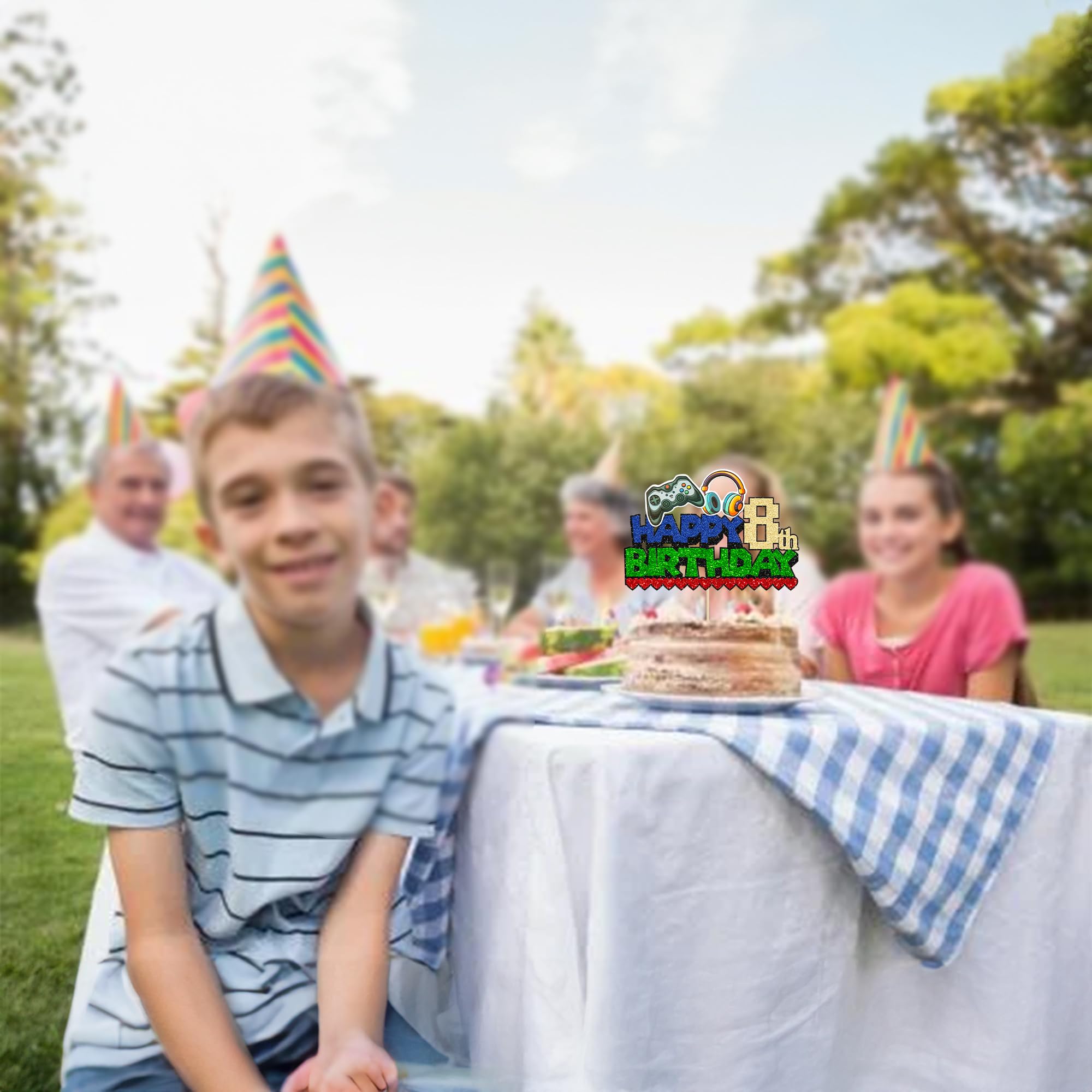 Ephlyn 1Pcs Glitter Video Game Birthday Cake Topper - 'Game On' Controllers & 'Eight Cheers to 8 Years' Decoration for 8th Birthday Party Supplies | Perfect for Gaming Themed Cakes and Kids Birthday Celebrations
