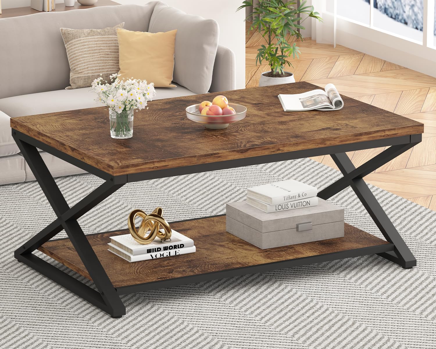 HSH Rustic Brown Wood Coffee Table with Storage - 39 Inch Modern Farmhouse 2-Tier Center Table for Living Room, Home Office & Bedroom | Rectangle Cocktail & Tea Table for Minimalist Decor & Small Space Organization