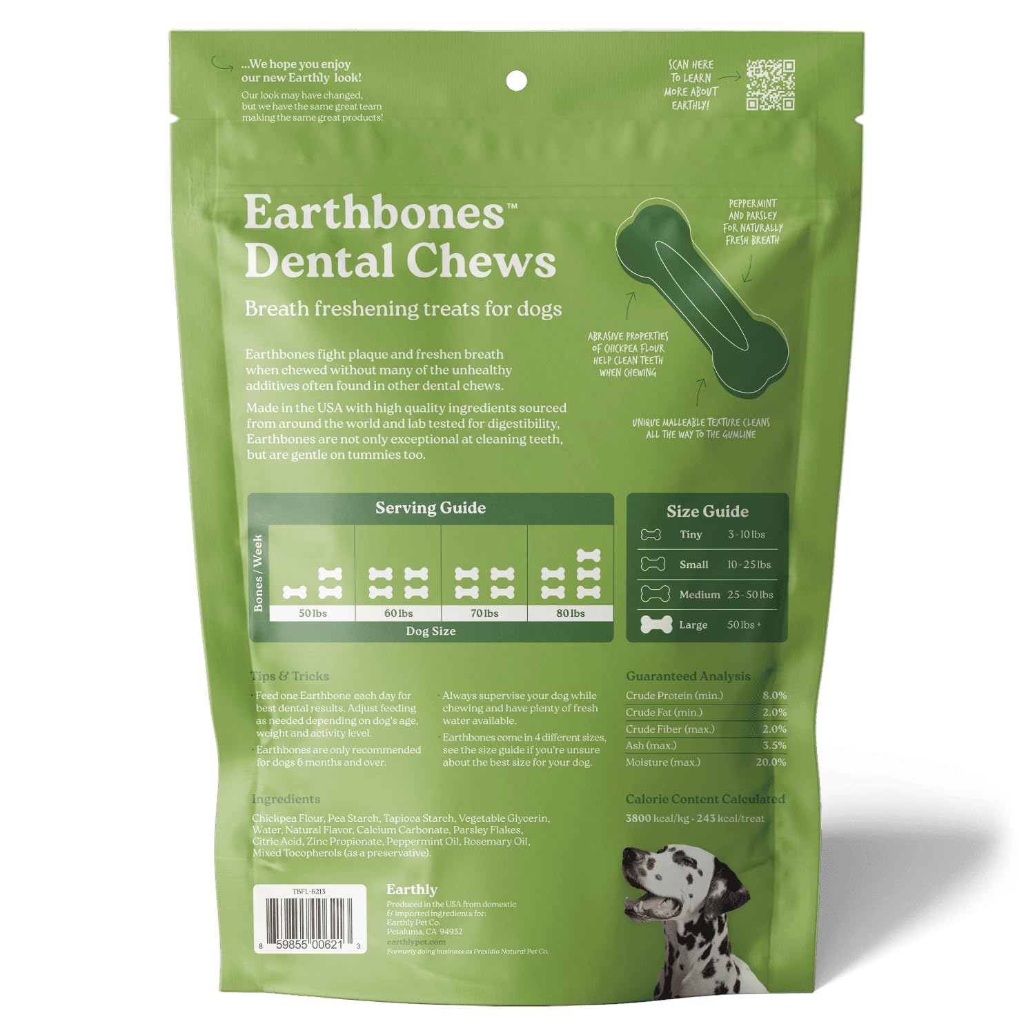Presidio Earthbones (Formerly Terrabones) Dental Chews for Dogs - Natural Teeth Cleaning Treats for Large Breeds, 6 Count - Promotes Oral Health & Fresh Breath for Daily Dental Care