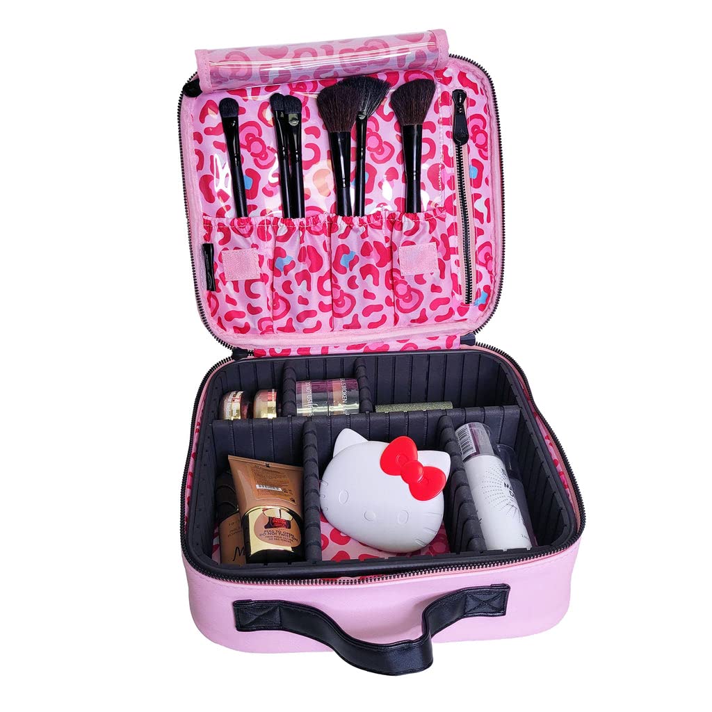 Hello Kitty Faux Leather Cosmetic Bag - Waterproof Travel Toiletry Organizer with Zippered Pockets | Large Makeup Case for Women & Teens | Perfect for Travel, Gym, and Daily Use (Pink Animal Print)