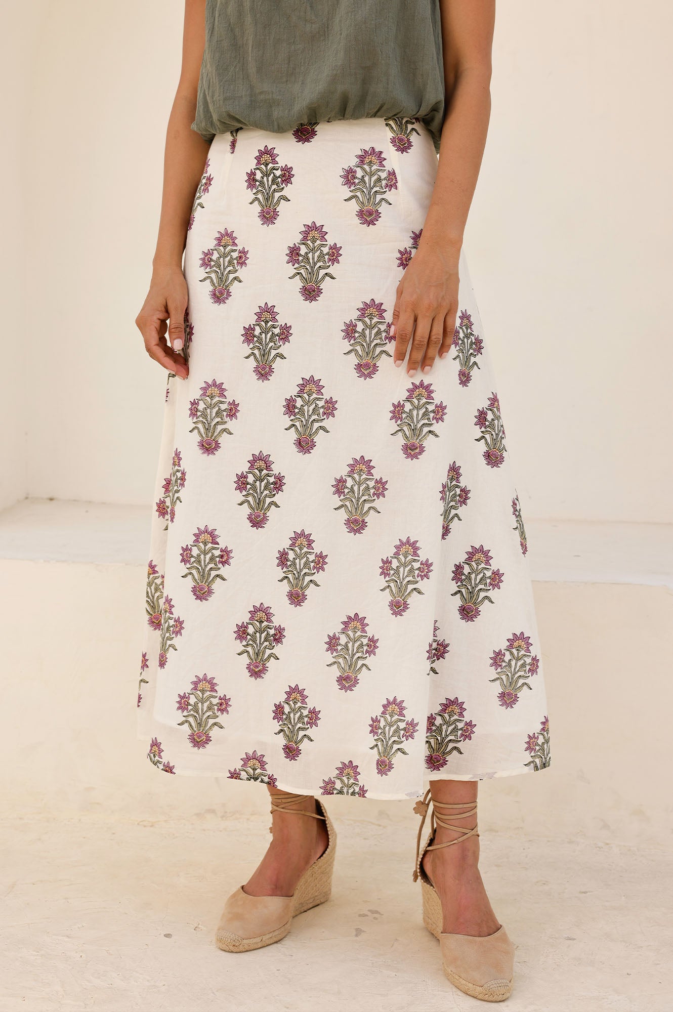 Neve Organic Cotton Block Print Skirt - Vintage Wildflower Design in Cream, Red & Green Colors | Boho Chic Summer Dress for Beach, Festival & Casual Wear