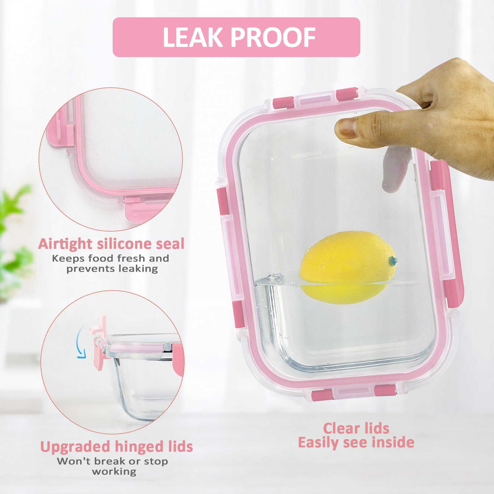 10-Pack Glass Meal Prep Containers with Snap Locking Lids - Airtight Food Storage Containers for Lunch, Microwave, Oven, Freezer & Dishwasher Safe (Pink) - Perfect for Meal Prepping, Office Lunch & Leftovers Storage