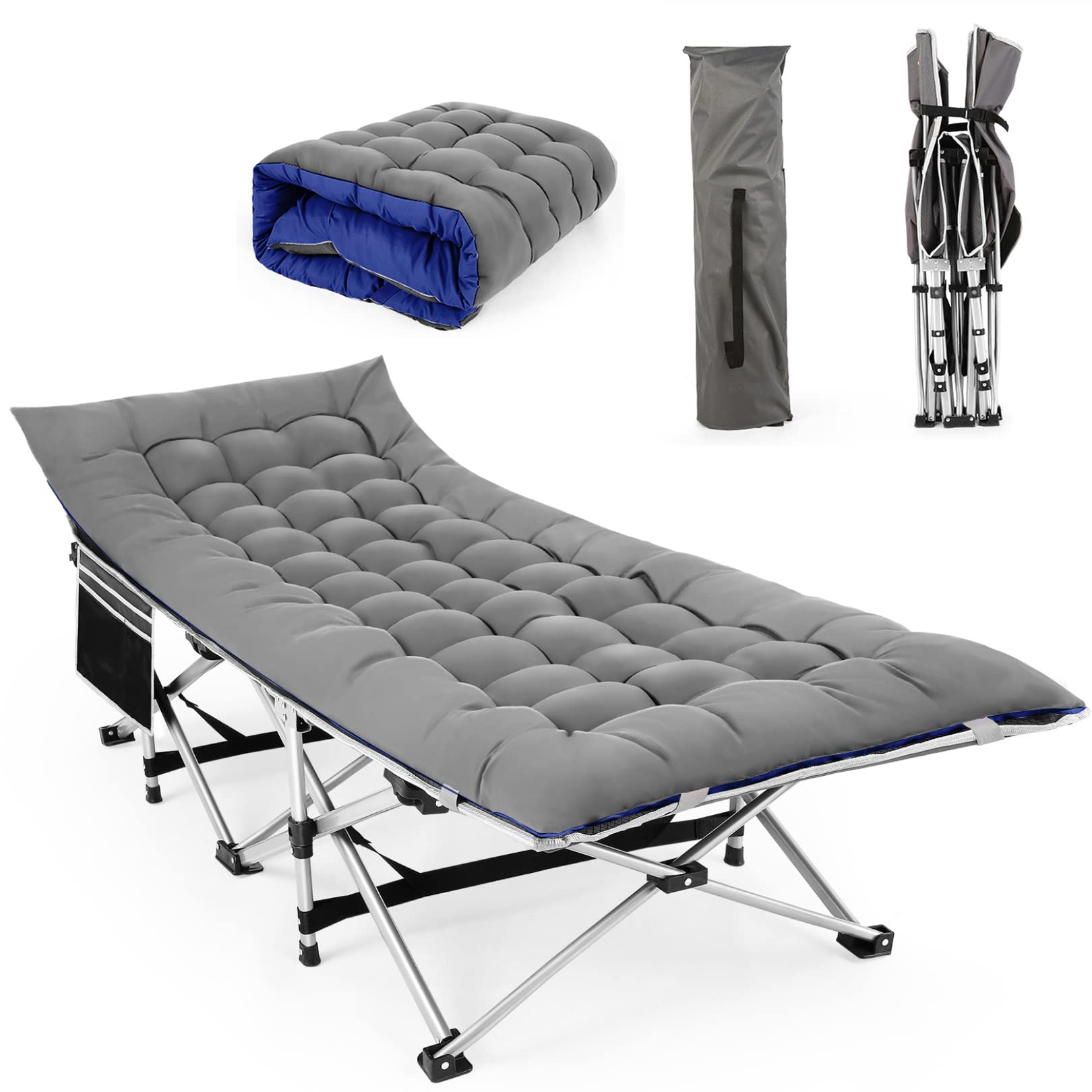 Nictemaw Heavy Duty Camping Cot for Adults with Mattress - 900lbs Capacity, Double Layer Oxford Fabric, Portable Folding Design - Lightweight, Stable & Durable Sleeping Cot for Camping, Hiking, Backpacking & Outdoor Adventures (Grey)