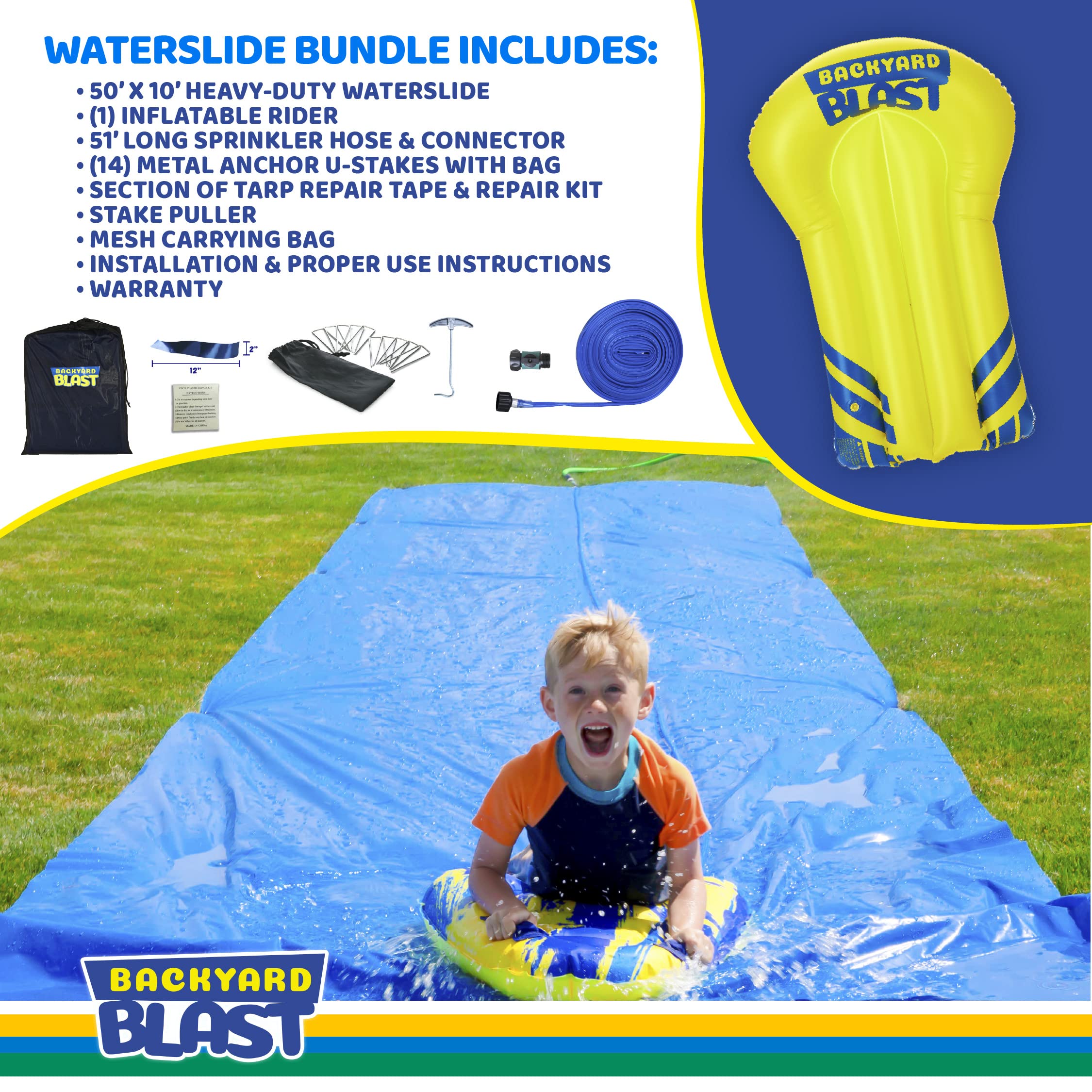 BACKYARD BLAST Giant Slip and Slide for Adults & Kids - Heavy Duty Large Water Slide for Backyard Outdoor Fun with Inflatable Riders | Summer Party, Family Reunion, Birthday Celebration Water Play Activity