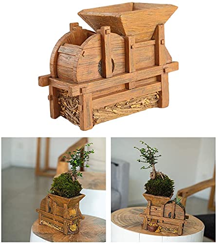 Taotenish Wooden Thresher-Shaped Flower Pot - Handcrafted Plant Container for Succulents, Herbs & Indoor Plants | Perfect for Home Decor, Office Desk & Garden Display