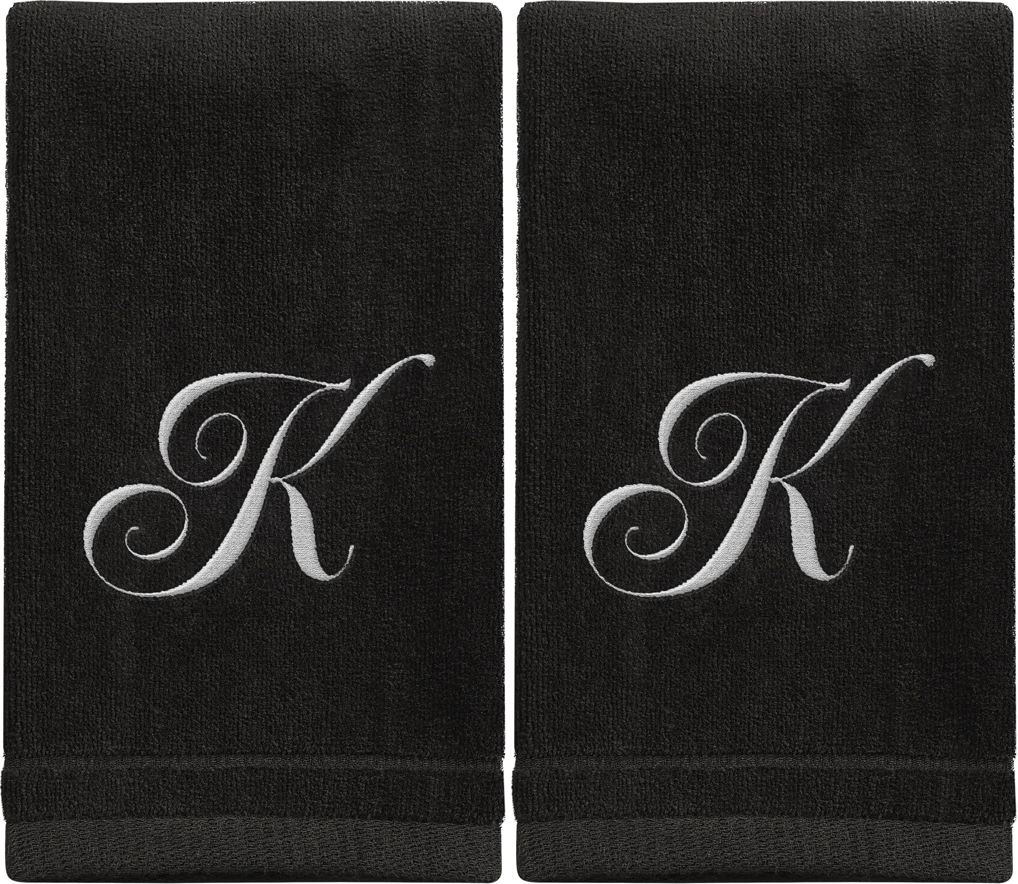 Personalized Monogrammed Towels Set of 2 - 11x18 Inch White Embroidered Cotton Towels with Velour Finish - Extra Absorbent Bath & Kitchen Towels - Initial K in Black - Perfect for Spa, Guest Bathroom & Luxury Home Decor