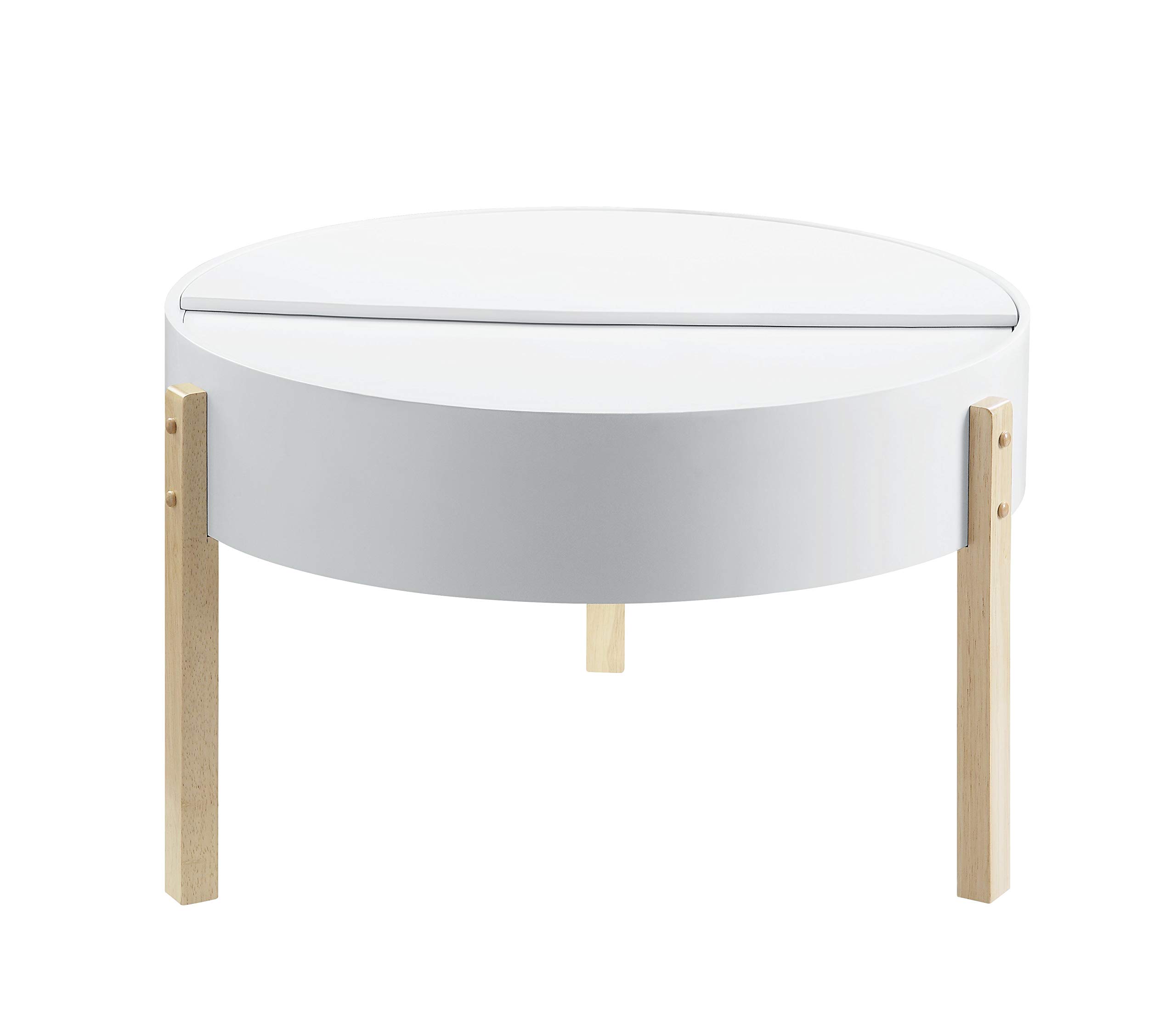 Benjara Round Wooden Coffee Table with Hidden Storage Compartment - White & Brown Finish - Perfect for Living Room, Lounge & Small Spaces