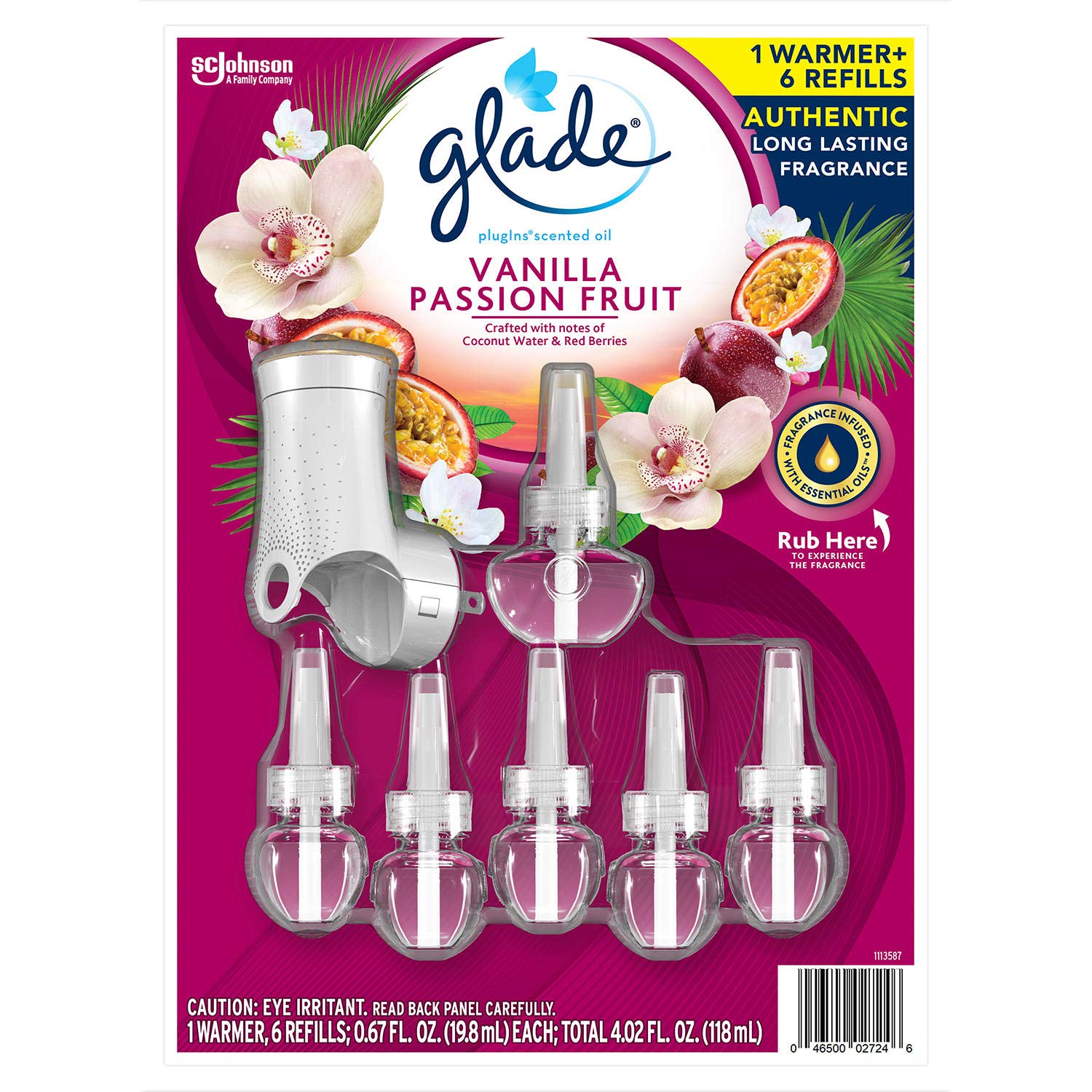 Glade PlugIns Scented Oil Refills & Warmer Set - Vanilla Passion Fruit Fragrance (6 Count) for Home, Office & Bathroom Air Freshener