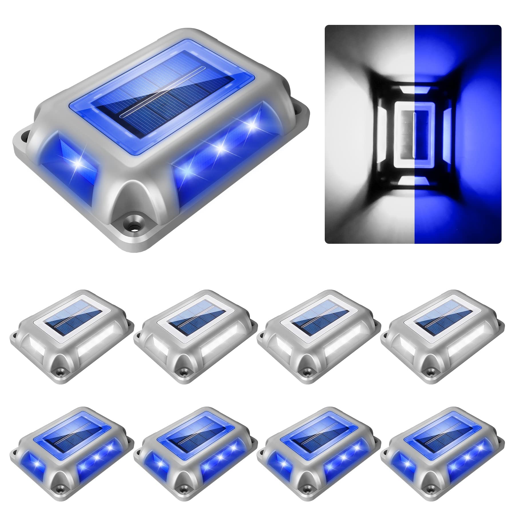 Solar Powered Outdoor LED Deck Lights - 8 Pack Waterproof Driveway & Dock Lights with 1200mAh Battery (Blue & White) - Perfect for Sidewalks, Garden Pathways, Steps & Road Markers