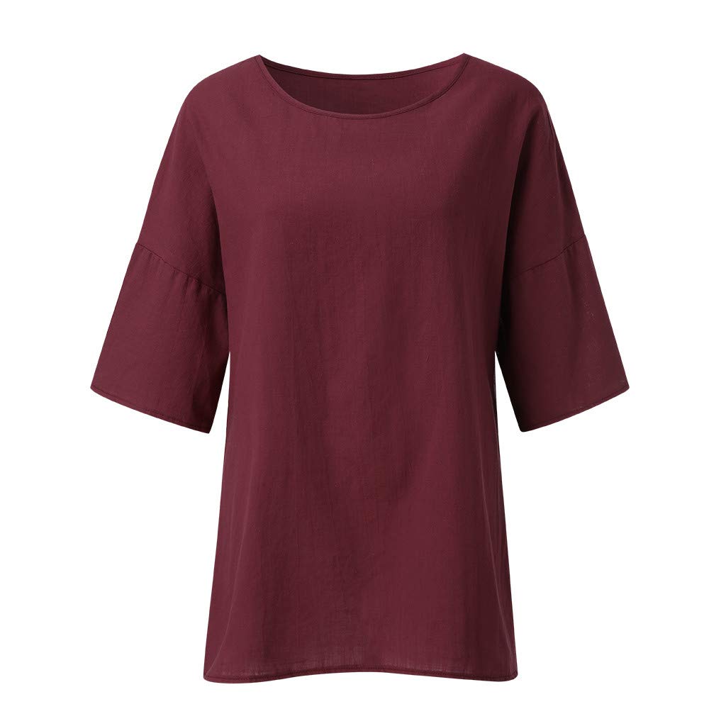 Women's Casual Cotton Linen Shirt - 3/4 Sleeve Crew Neck Loose Fit Tunic Top with Side Split | Comfortable Summer Blouse for Work, Travel & Everyday Wear