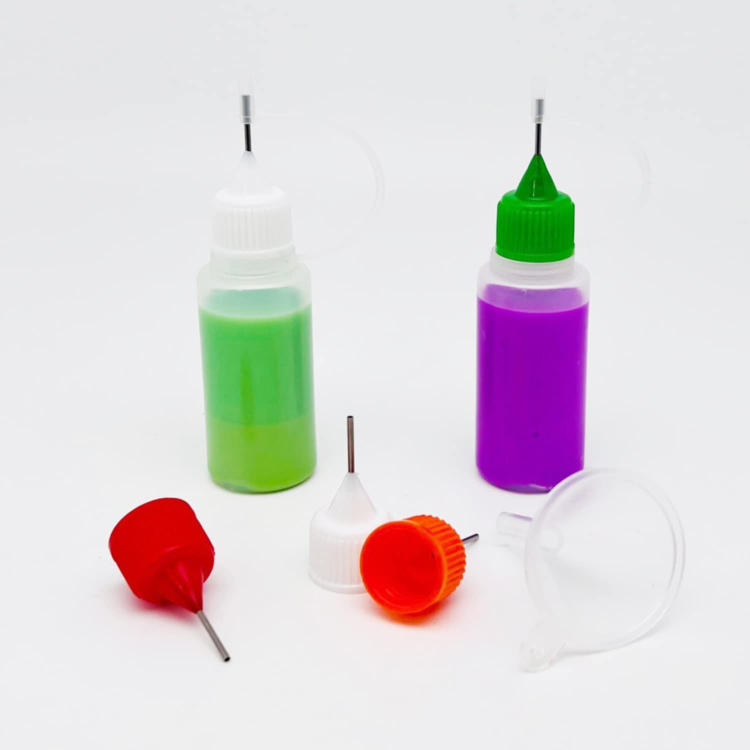 18-Piece Precision Tip Applicator Bottles (0.5 oz) - Translucent Glue Dispensing Bottles with 2 Funnels & Multi-Color Lids - Ideal for DIY Crafts, Nail Art, Resin Projects, and Small Liquid Applications