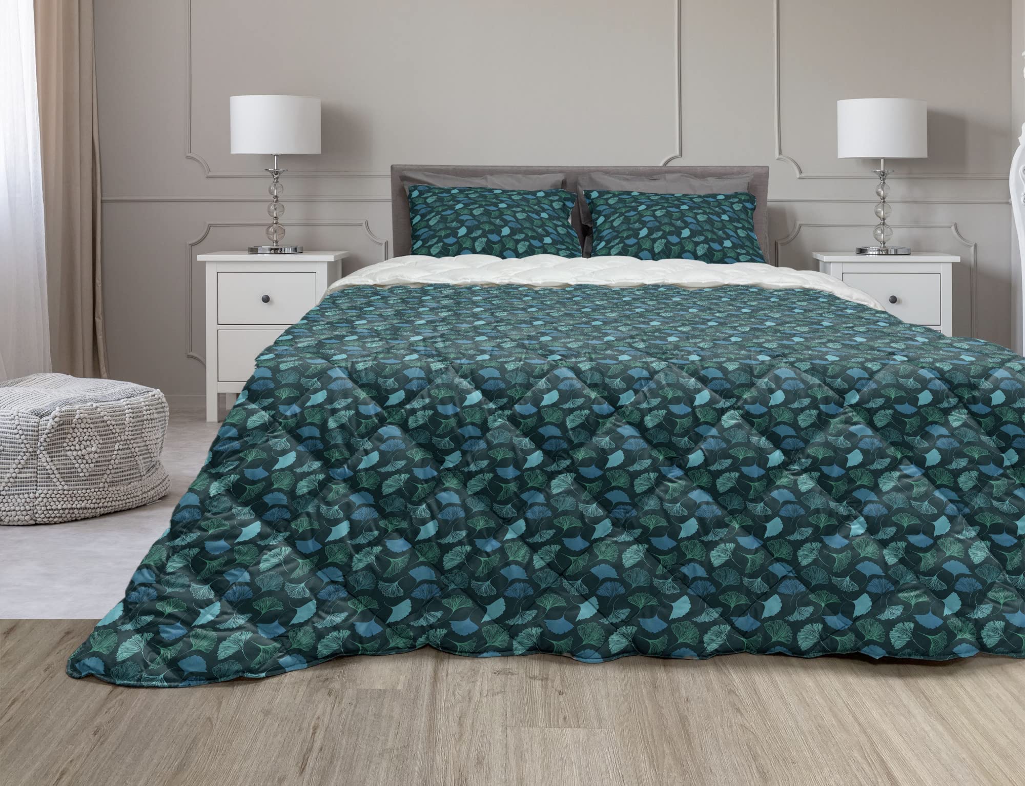Ambesonne Tropical Comforter & Sham Bedding Set - Aqua Color Exotic Ginkgo Leaves Pattern, 2 Piece Microfiber Duvet Cover Set, Twin Size, Turquoise & Dark Teal - Perfect for Beach House, Boho Bedroom & Tropical Themed Decor