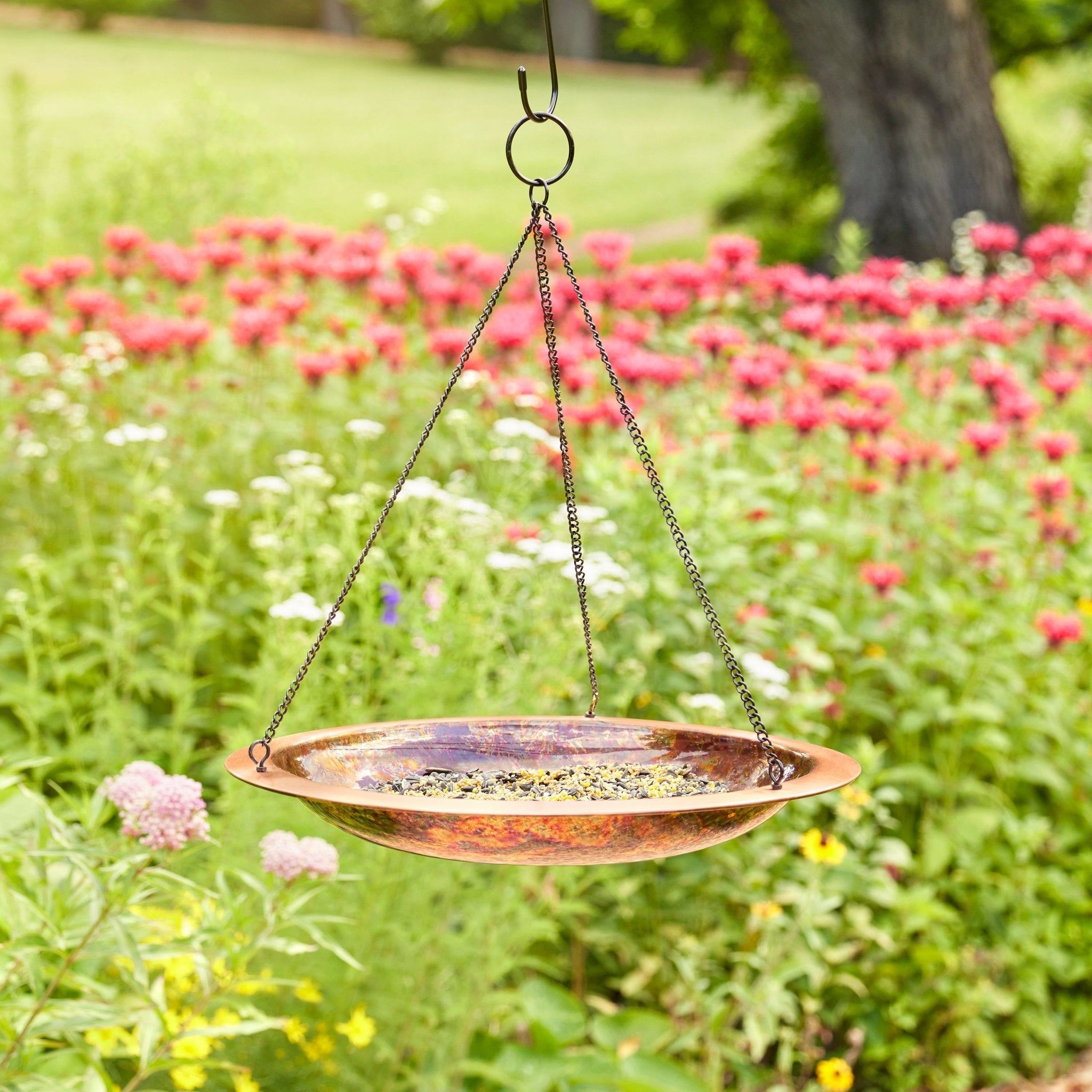 13.5 Inch Hanging Fired Copper Bird Bath for Garden - Outdoor Decorative Bird Feeder with Rustic Patina Finish, Perfect for Backyard, Patio, and Bird Watching Enthusiasts