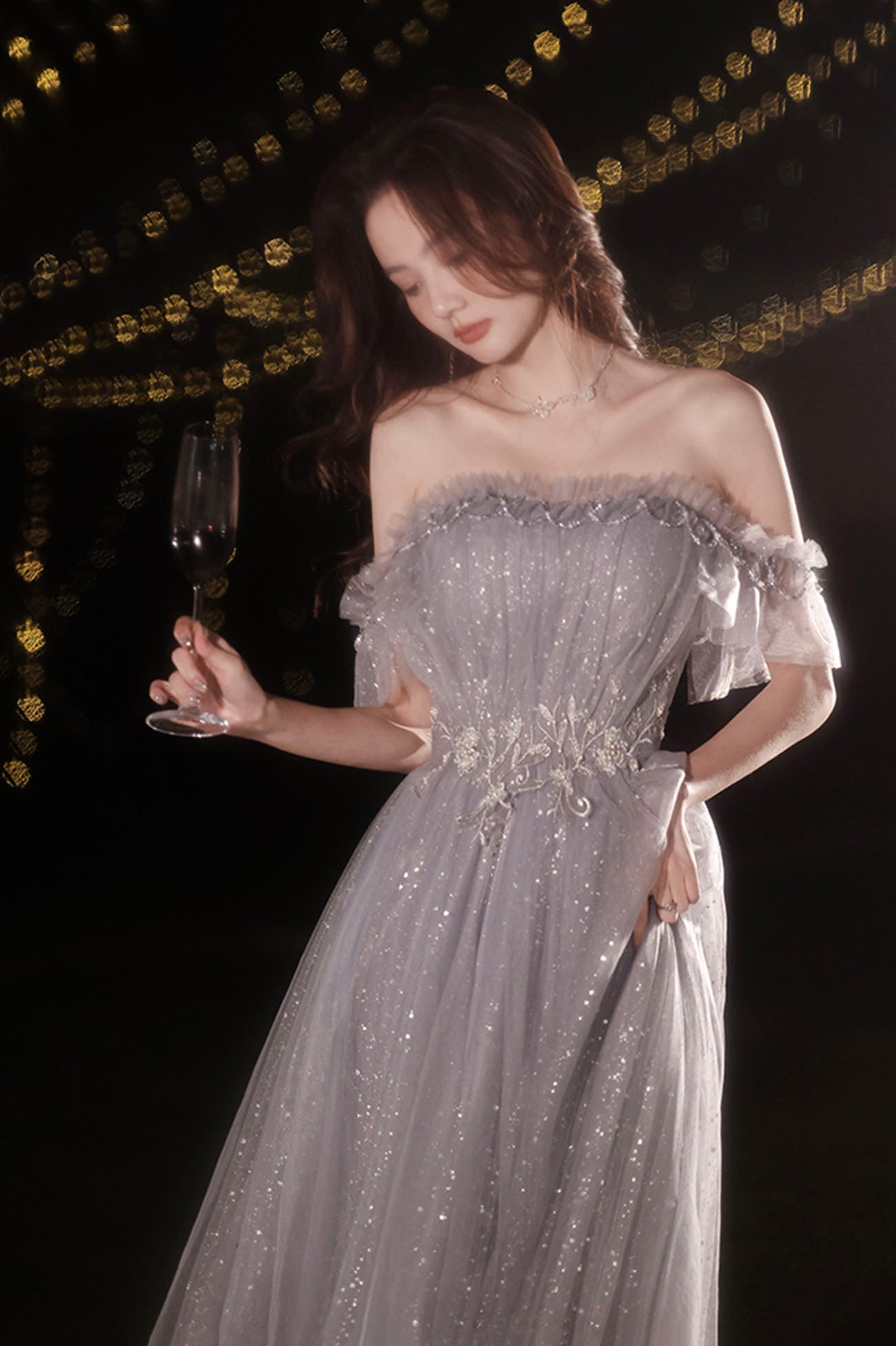 Elegant Off Shoulder A-Line Tulle Prom Dress - Shiny Gray Formal Evening Gown for Homecoming, Quinceañera & Special Occasions