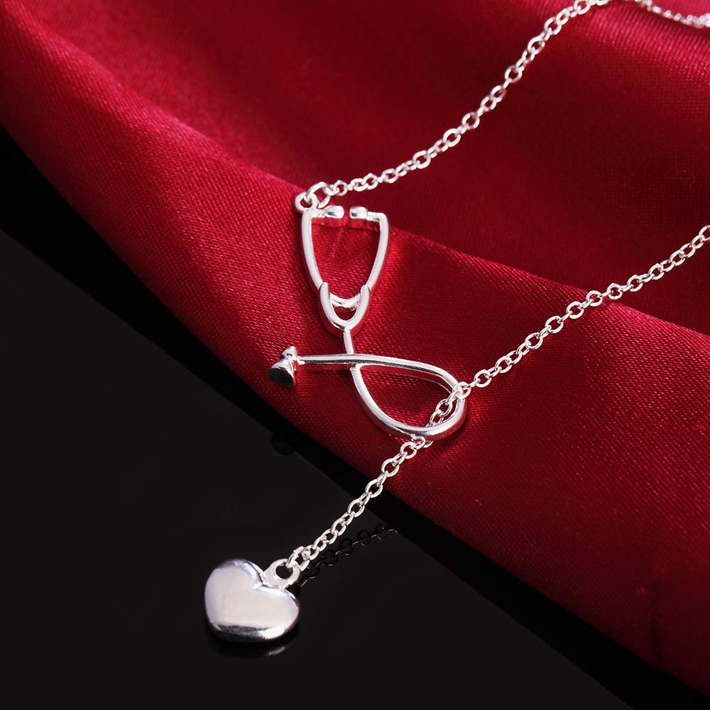 925 Sterling Silver Stethoscope Lariat Necklace with Heart Pendant - Elegant Doctor Nurse Jewelry Gift for Medical Professionals | Perfect for Graduation, Appreciation Gifts & Everyday Wear