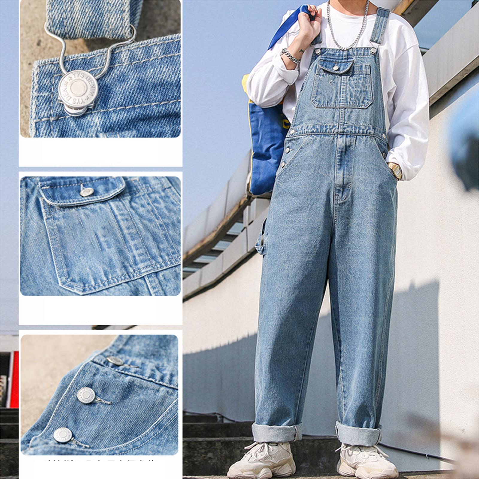 WIITON Men's Denim Bib Overalls - Stone Wash Blue Dungarees with Multiple Pockets for Workwear, Construction, Farming & Outdoor Activities