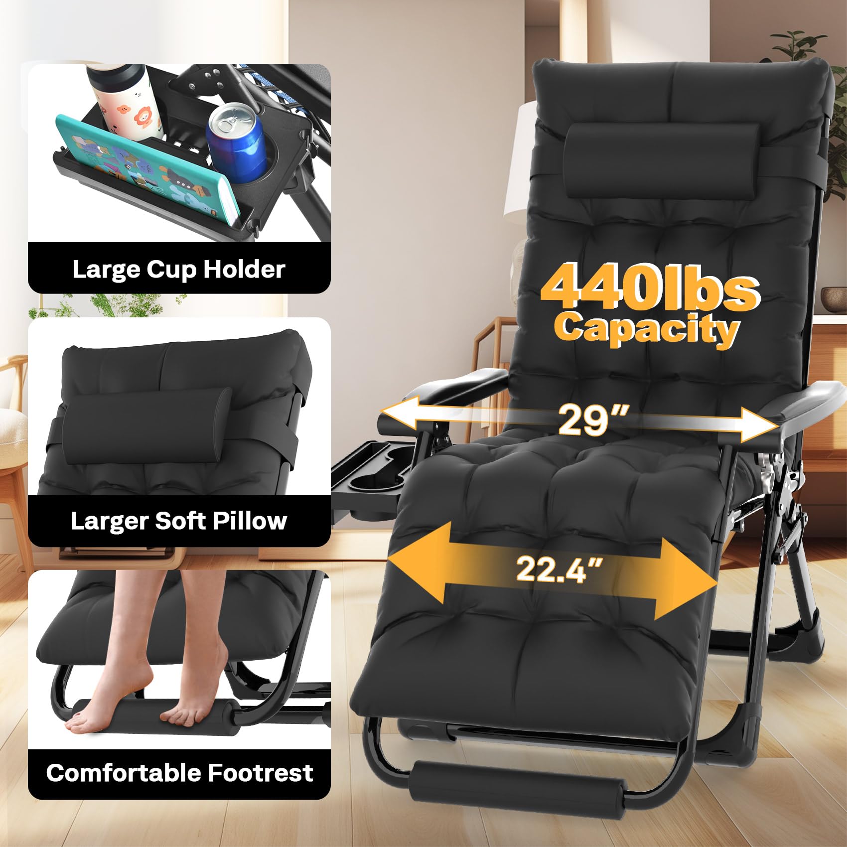 Premium Oversized Zero Gravity Lounge Chair XL - Heavy Duty 440lbs Capacity, Padded Recliner with Aluminum Alloy Lock, Adjustable Headrest & Cup Holder - Perfect for Patio, Poolside, Backyard, Camping & Outdoor Relaxation (Black)