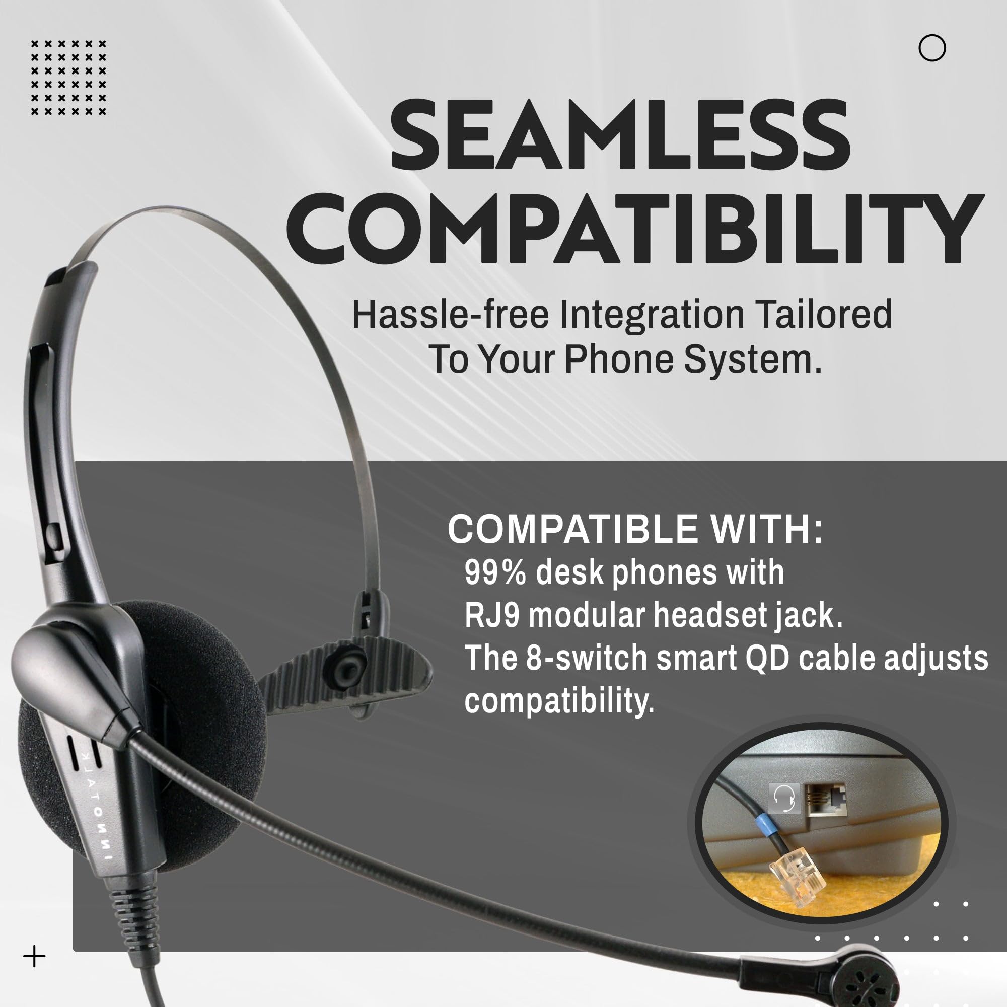 INNOTALK Smart RJ9 Headset Adapter - Universal Phone Headset Compatibility for Most Phones | Cost-Effective Monaural Headset | Perfect for Call Centers, Offices & Remote Work