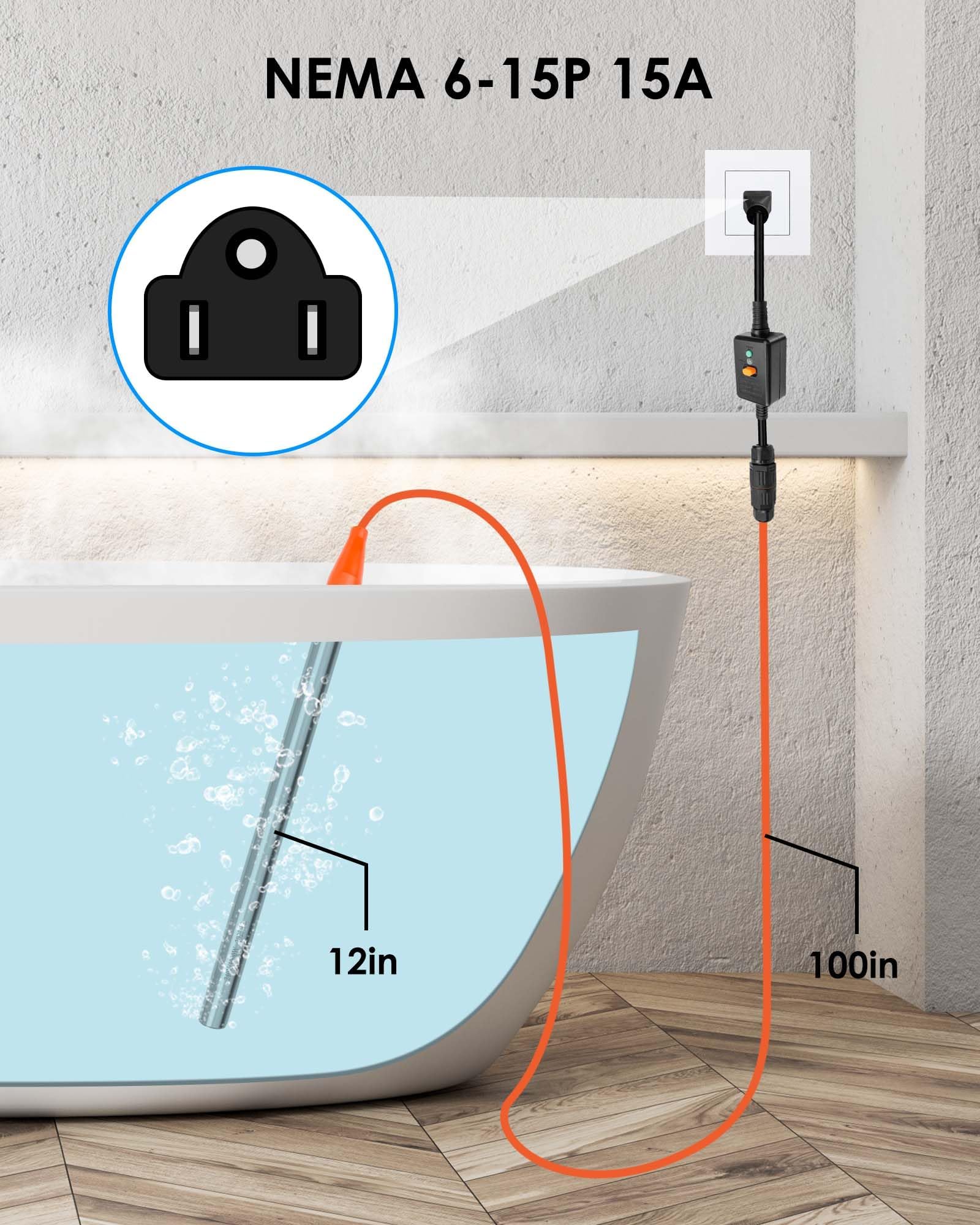 1500W 120V Titanium Water Heater Assembly with NEMA 6-15P Plug - Submersible Electric Heater for Bathtub, Hot Tub, Pool & Water Tank - Portable Immersion Heater for Spa, Swimming Pool & Home Use