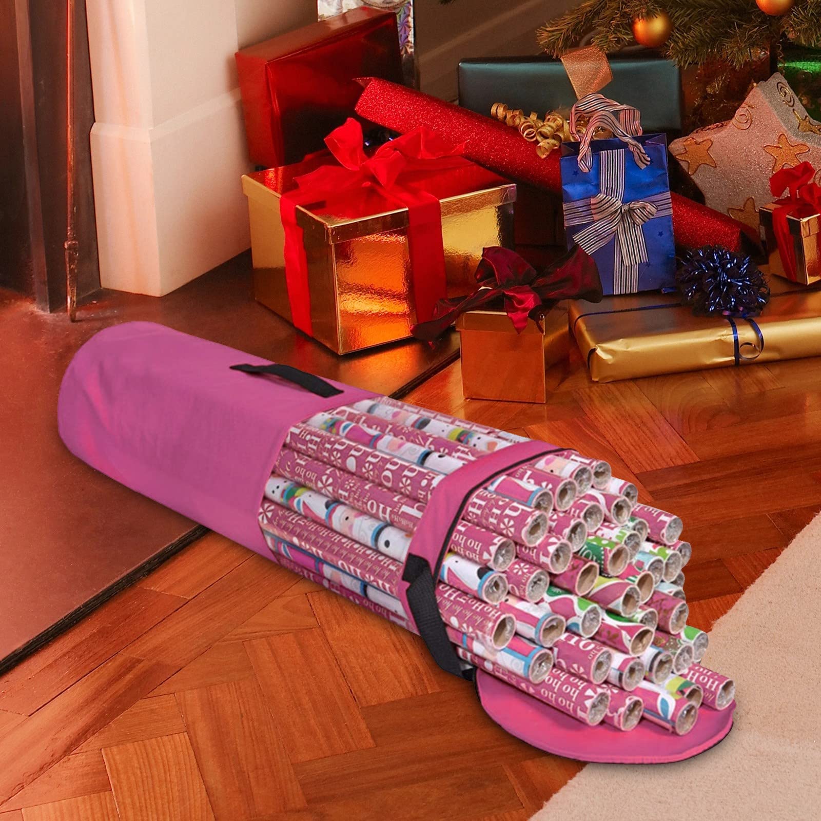 Christmas Wrapping Paper Storage Bag - 24 Roll Organizer for Holiday Gift Wrap | Slim Underbed & Closet Storage | Durable Oxford Cloth (Hot Pink) | Perfect for Home Organization & Seasonal Decor