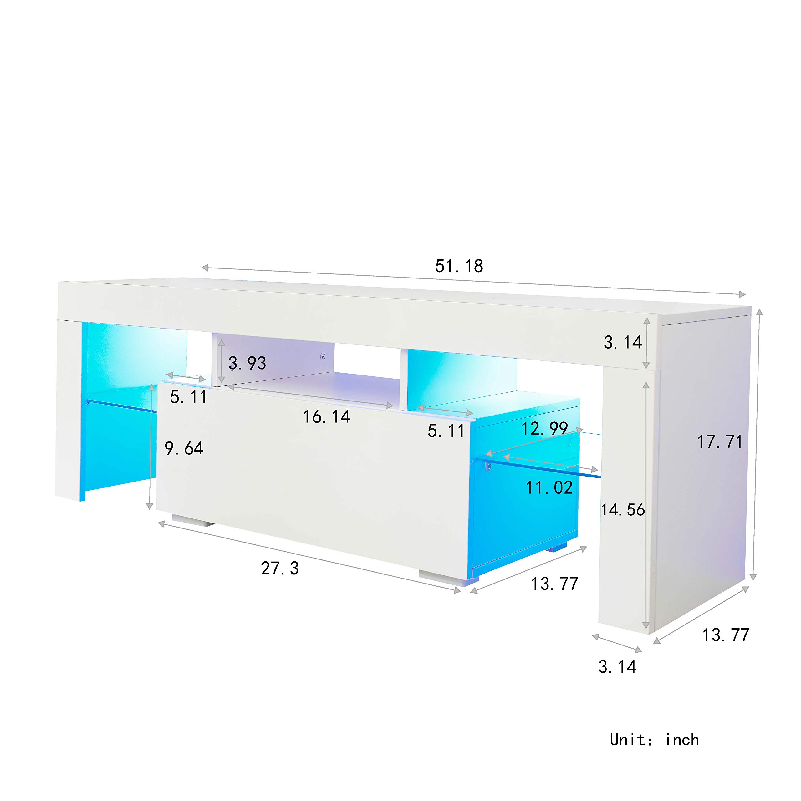 HABITRIO Modern TV Stand for 55 Inch TVs with LED Lights & Drawer - White TV Cabinet Entertainment Center for Living Room, Bedroom, Lounge - Easy Assembly Living Room Furniture Set