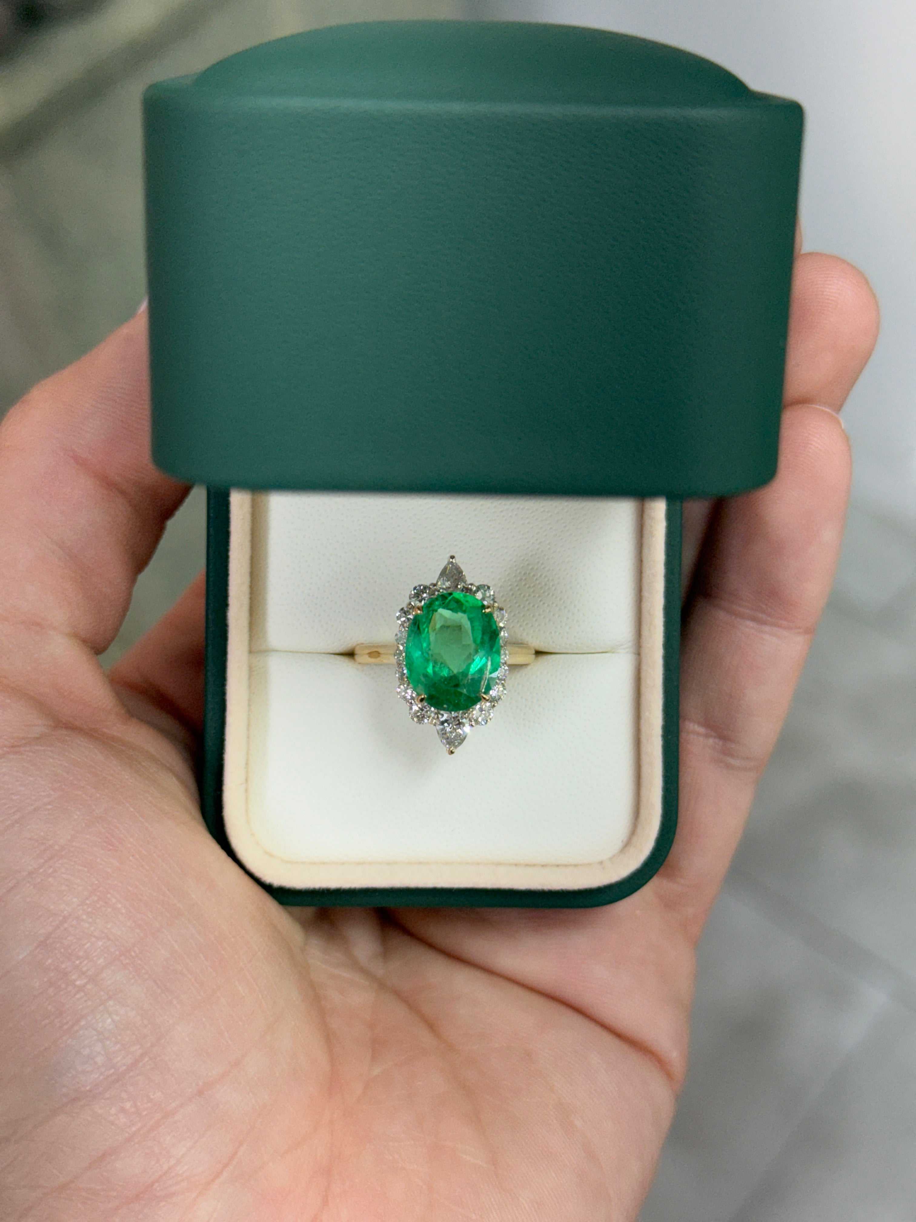 4.55tcw 18K Gold Natural Oval Emerald & Diamond Halo Engagement Ring for Women - Elegant Wedding, Proposal, Anniversary Gift Idea