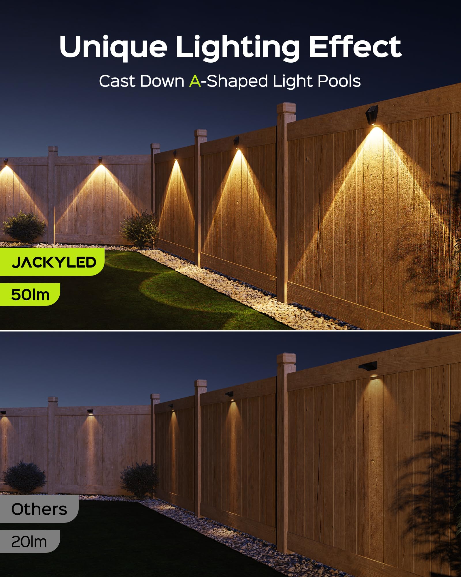 JACKYLED 2024 New Solar Fence Lights - 50 Lumens Bright Waterproof Outdoor LED Deck Lights for Patio, Railing, Wall & Garden - Solar Powered Landscape Lighting (12 Pack, Black) - Perfect for Backyard, Pathway & Driveway Illumination