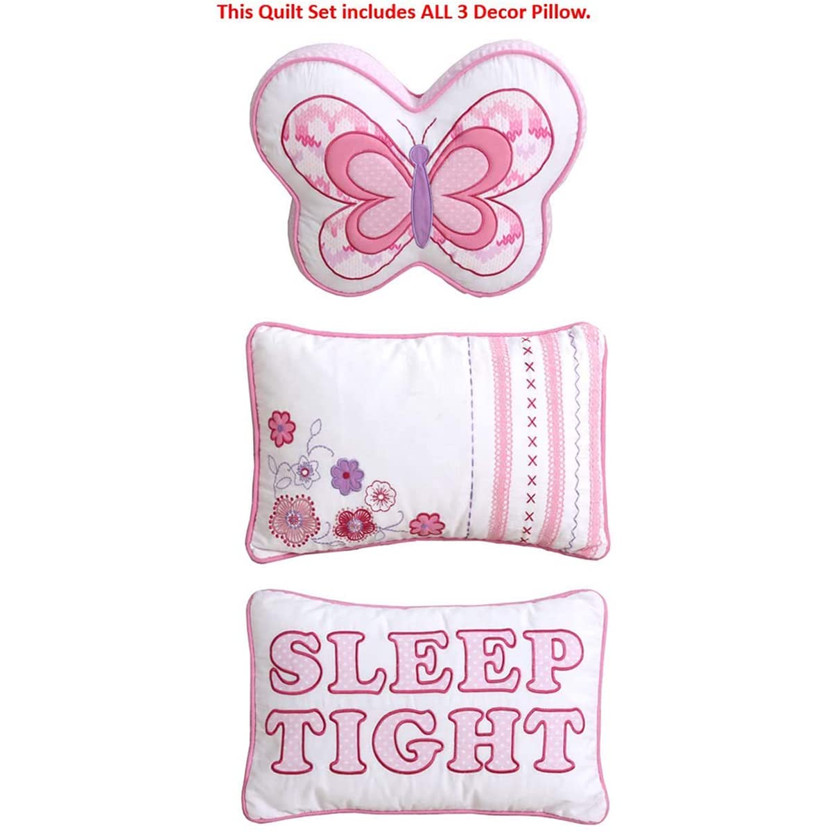 Pink Butterfly Knit 100% Cotton Reversible Quilt Bedding Set - 6 Piece Queen Size (1 Quilt + 2 Shams + 3 Decorative Pillows) | Cozy Line Home Fashions | Soft & Breathable Coverlet & Bedspread for Bedroom Decor, Guest Room & Cozy Nights