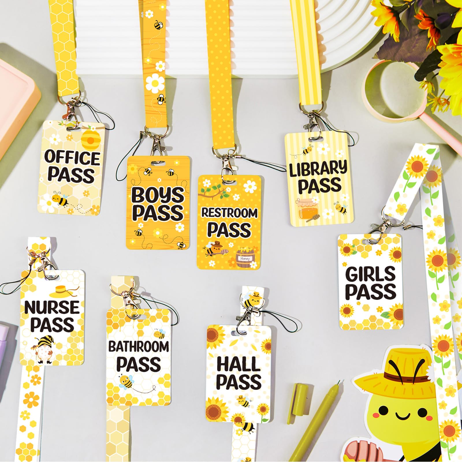 Unbreakable School Lanyards 8-Pack - Bee Style for Classroom, Office & Nurse Use